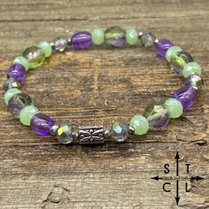 Stretch Bracelet Green Purple Crystal Silver Dragonfly Accent Center