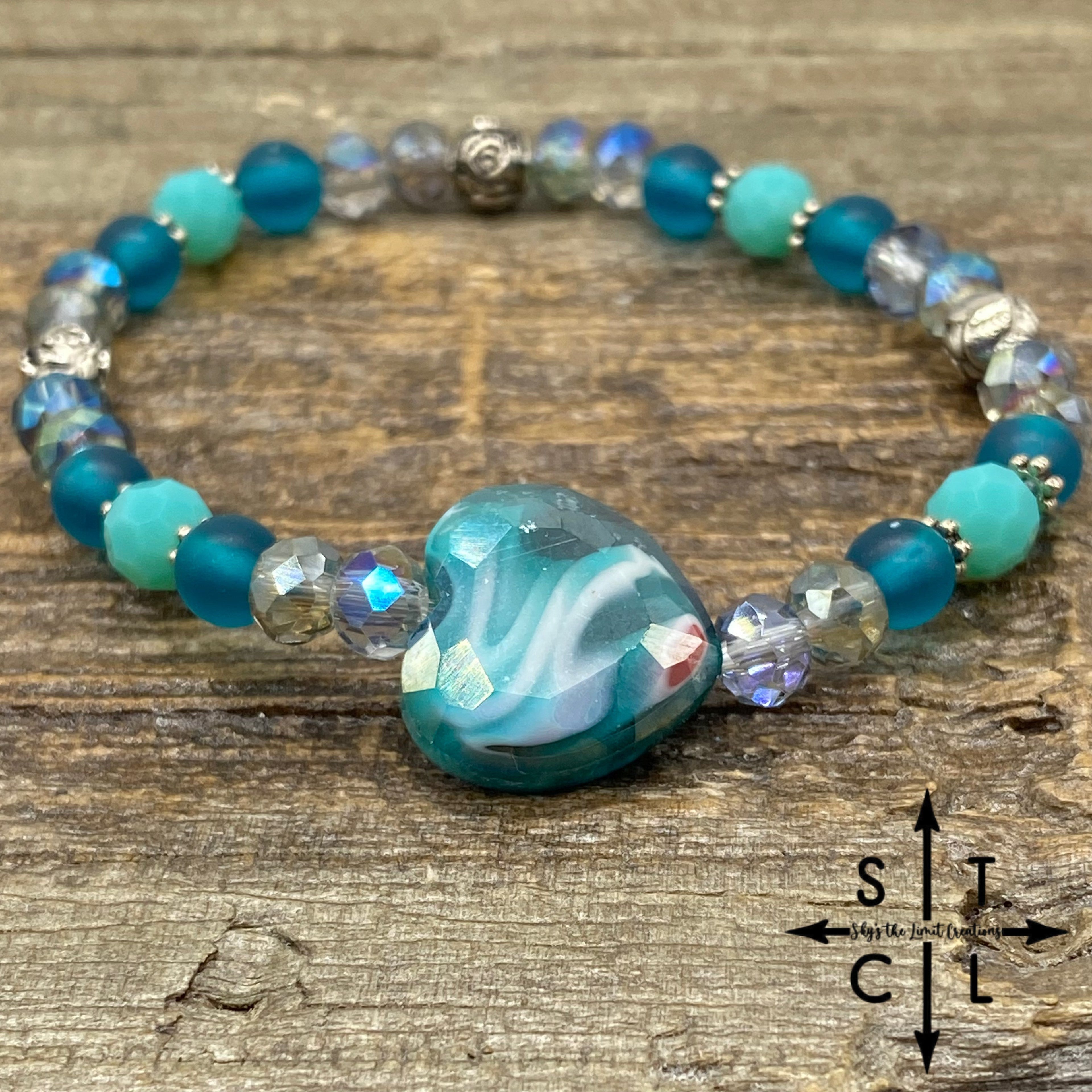 Stretch Bracelet Turquoise Crystal Heart Dark Turquoise Mix