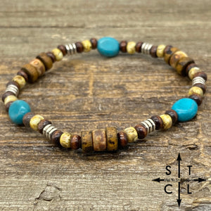 Stretch Bracelet Oval Turquoise Wood Silver