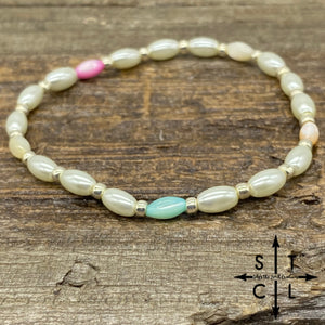 Stretch Bracelet Pink Turquoise Yellow Peach Oblong Pearls