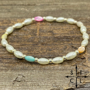 Stretch Bracelet Pink Turquoise Yellow Peach Oblong Pearls