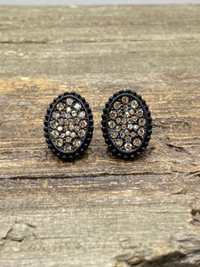 Black Oval With Silver Rhinestone Stud Earrings