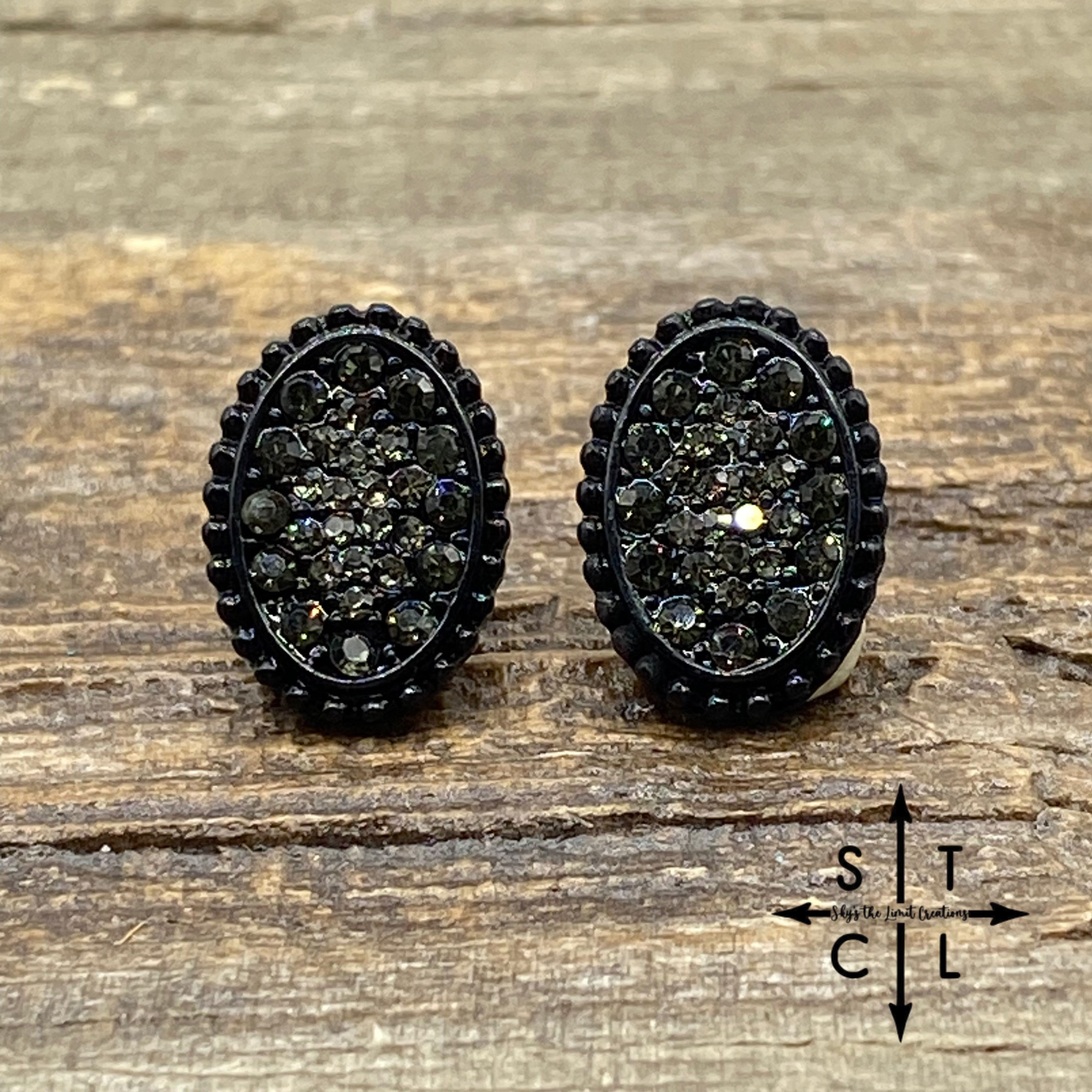 Black Oval With Black Rhinestone Stud Earrings