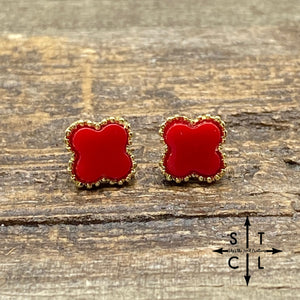 Gold With Solid Red Clover Stud Earrings