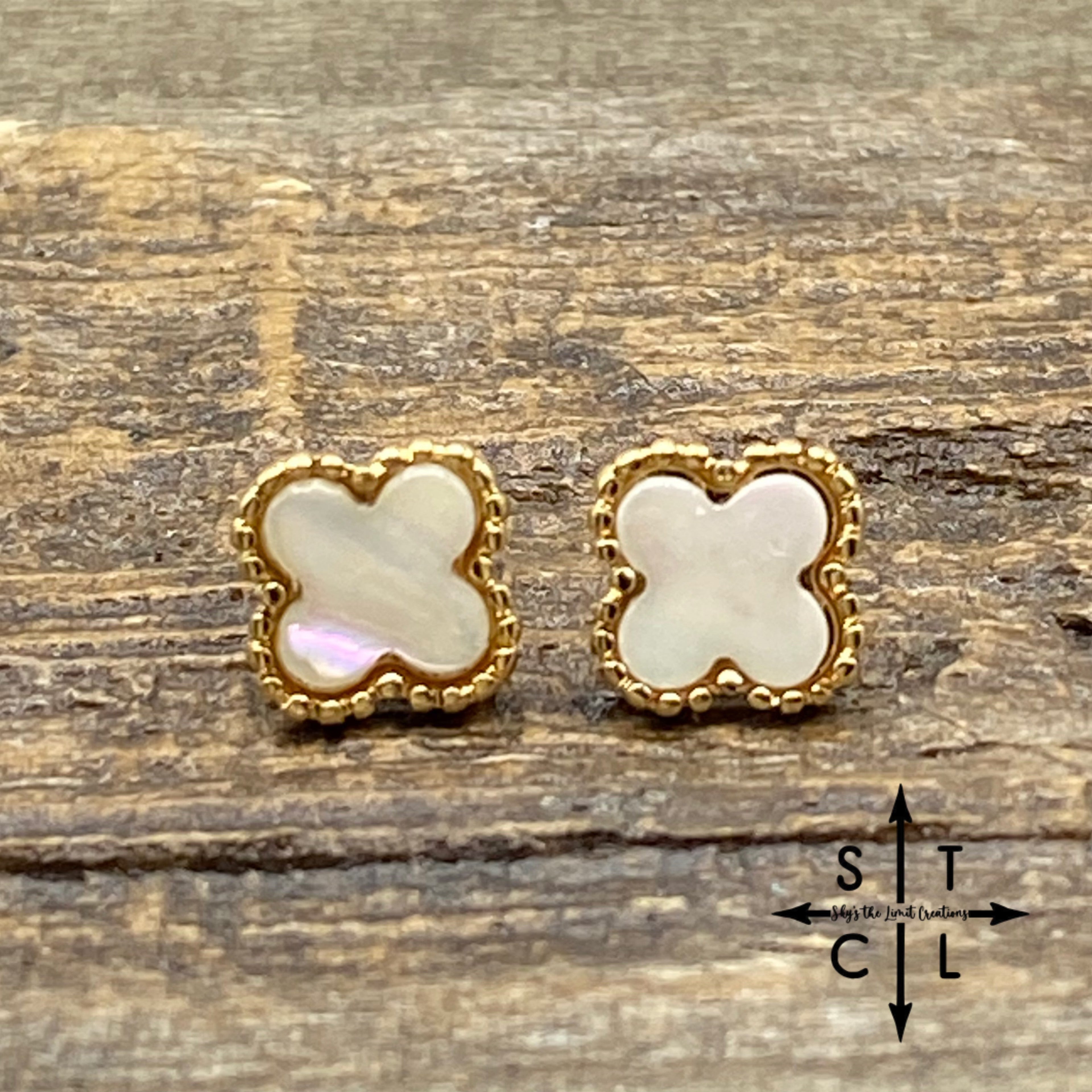 Gold With Solid White Peal Clover Stud Earrings