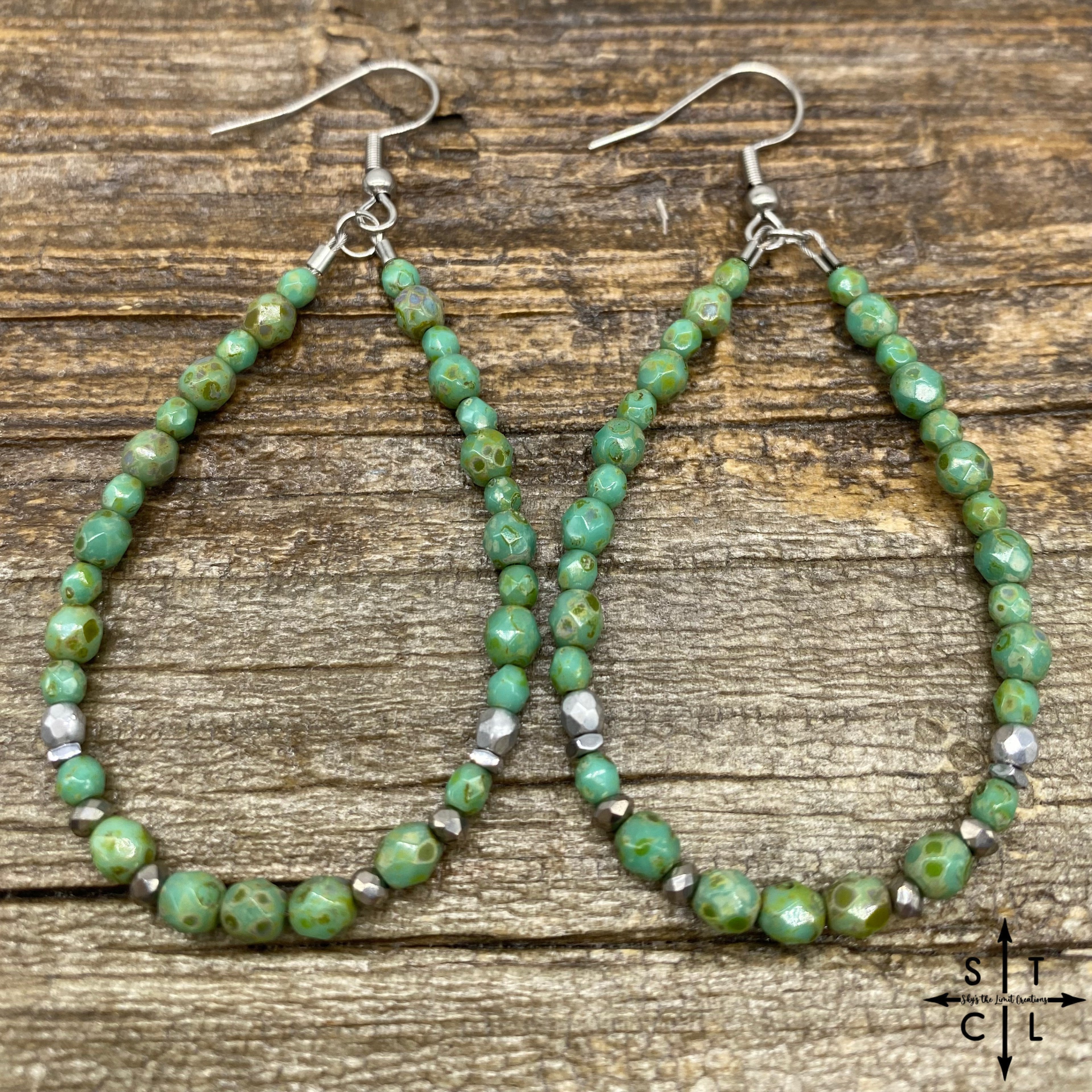 Crystal Teardrop Green Turquoise Silver Earrings