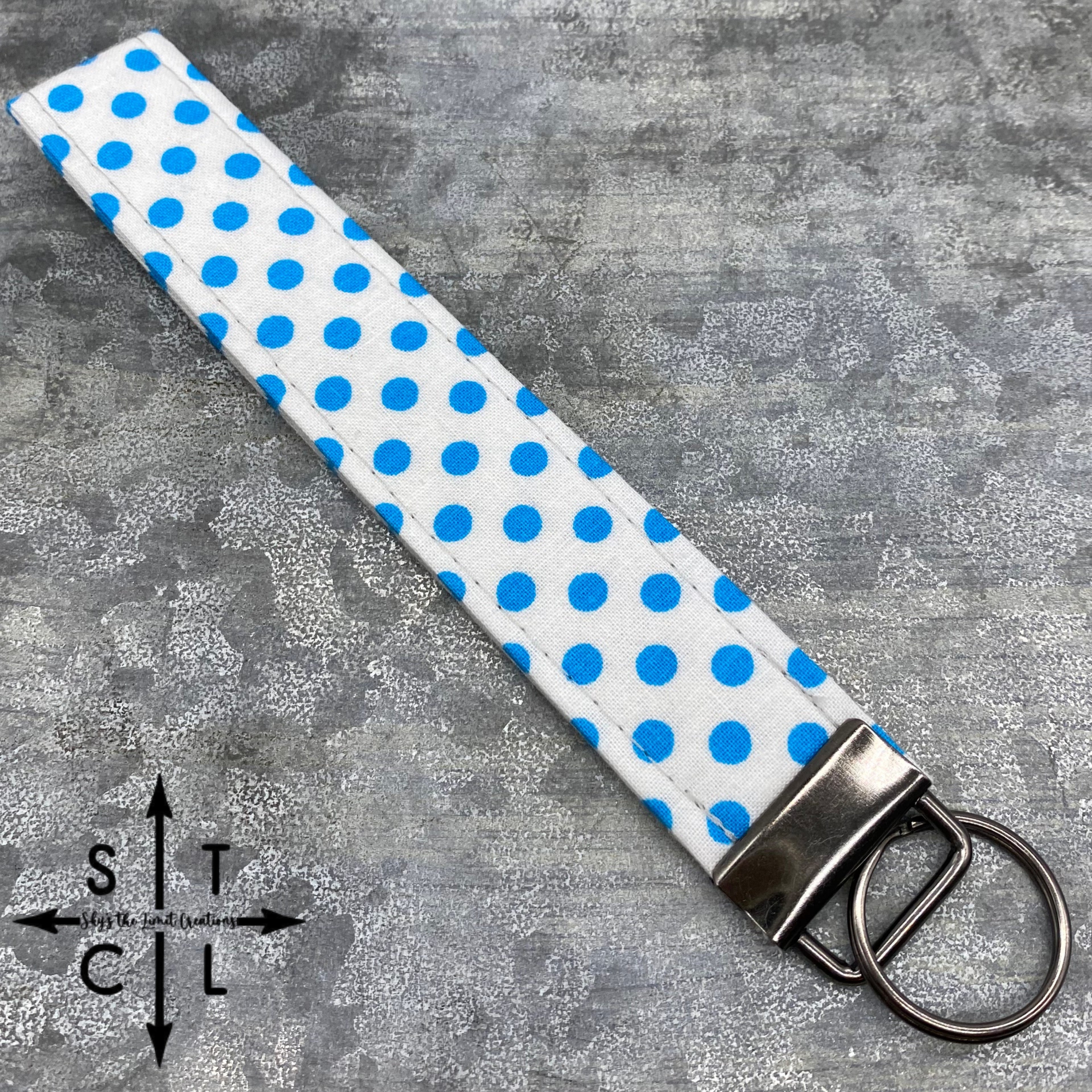 Key Fob White Turquoise Polka Dot