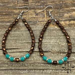 Crystal Teardrop Shimmer Brown Turquoise Silver Earrings