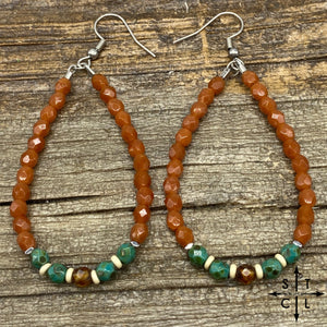 Crystal Teardrop Dark Orange Turquoise Bone Silver Earrings