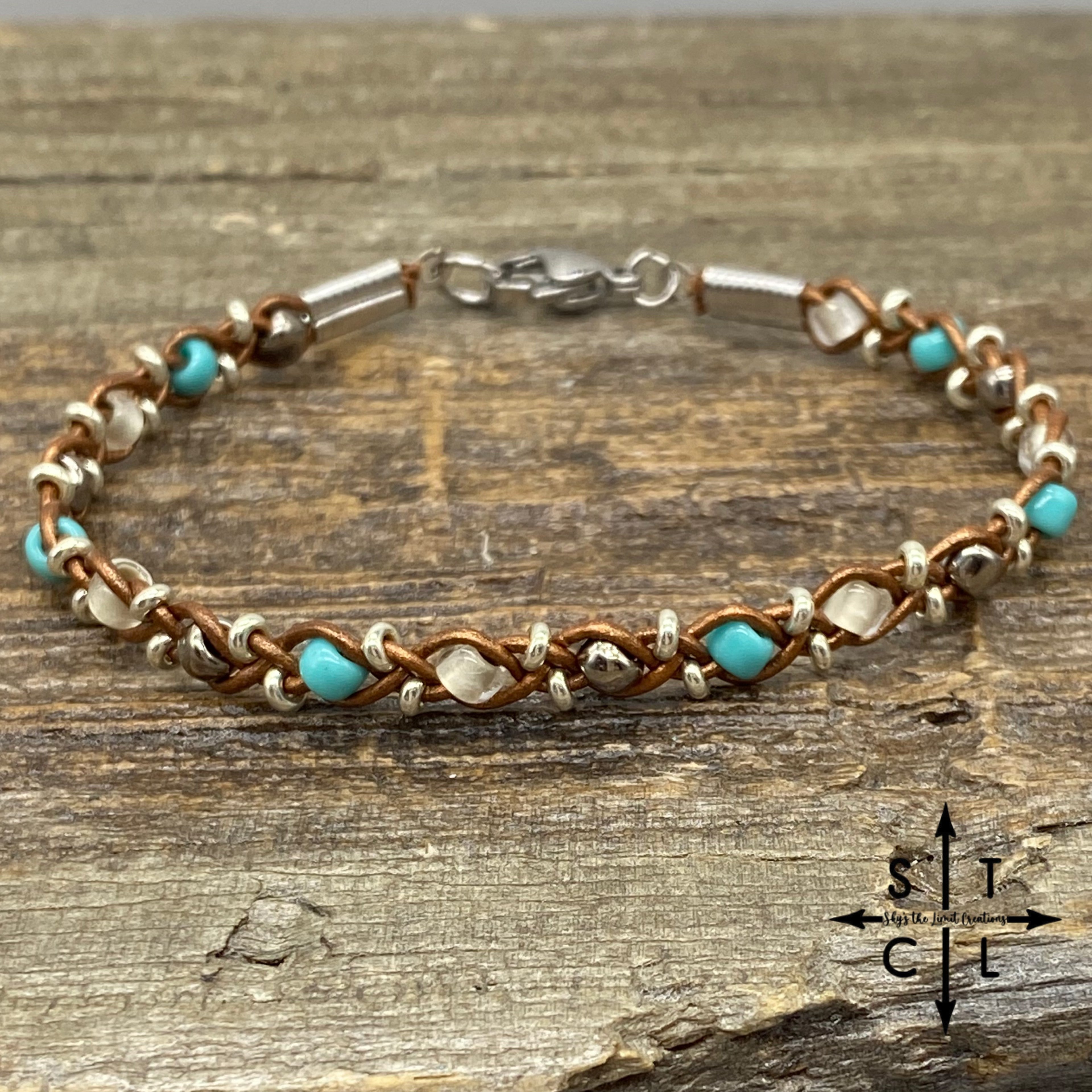 Skinny Tasha Gun Metal Silver Turquoise Shimmer Pearl Bracelet