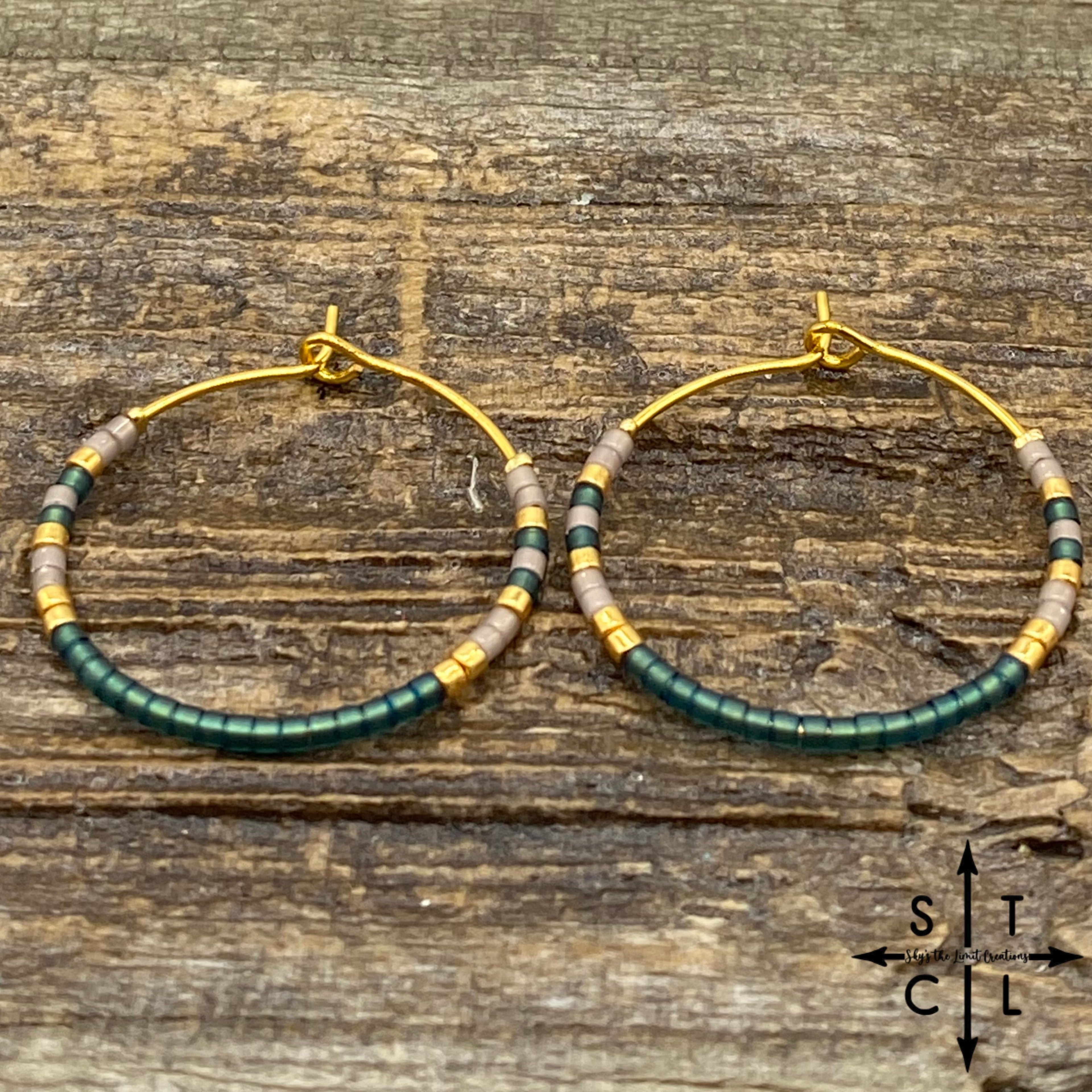 Green Teal Beige Amber Earrings