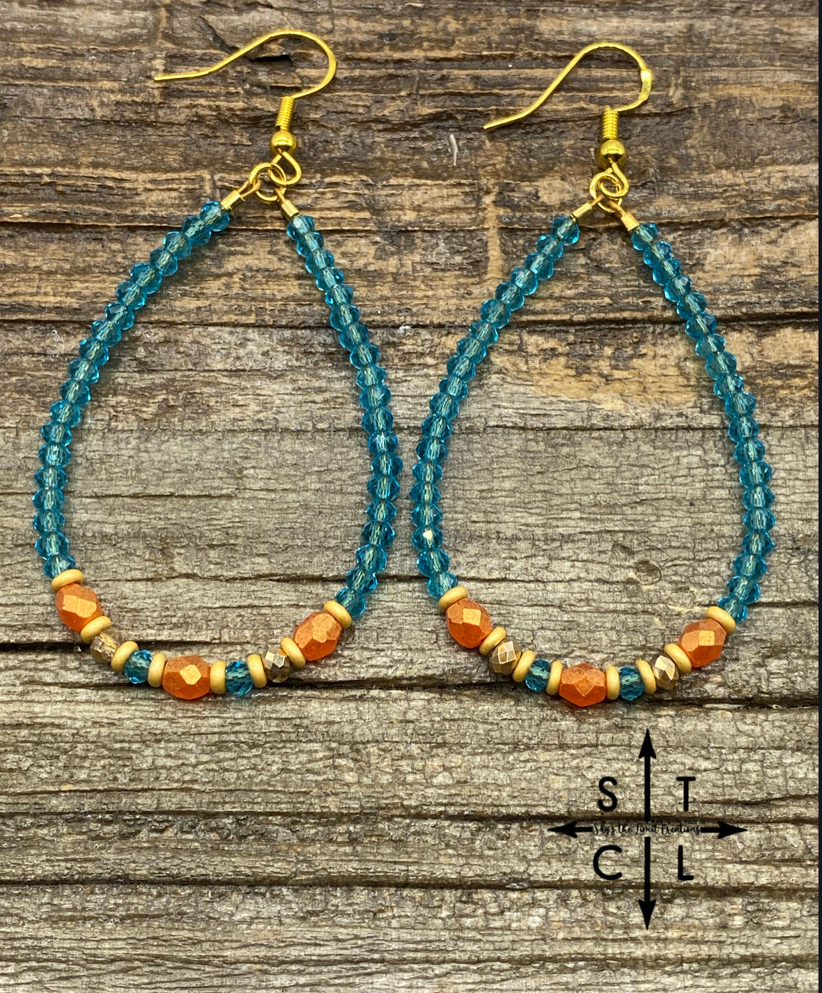 Crystal Teardrop Turquoise Orange Gold Earrings