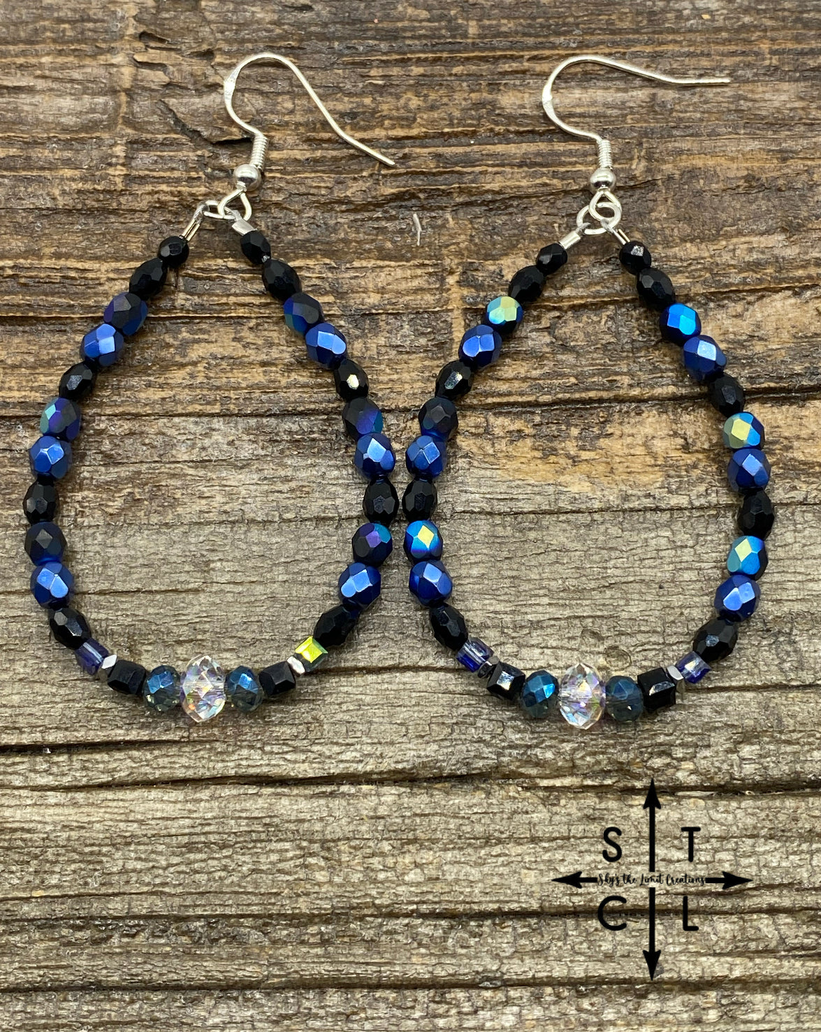 Crystal Teardrop Black Peacock Blue Earrings