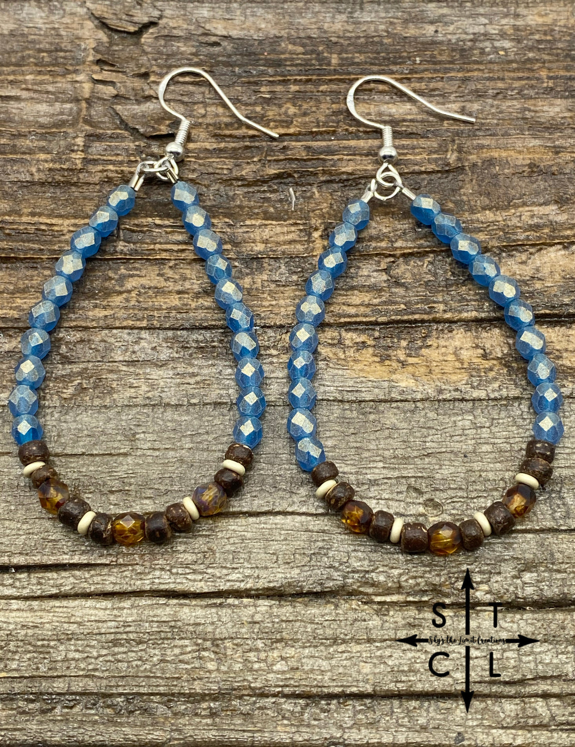 Crystal Teardrop Shimmer Blue Wood Tortoise Earrings