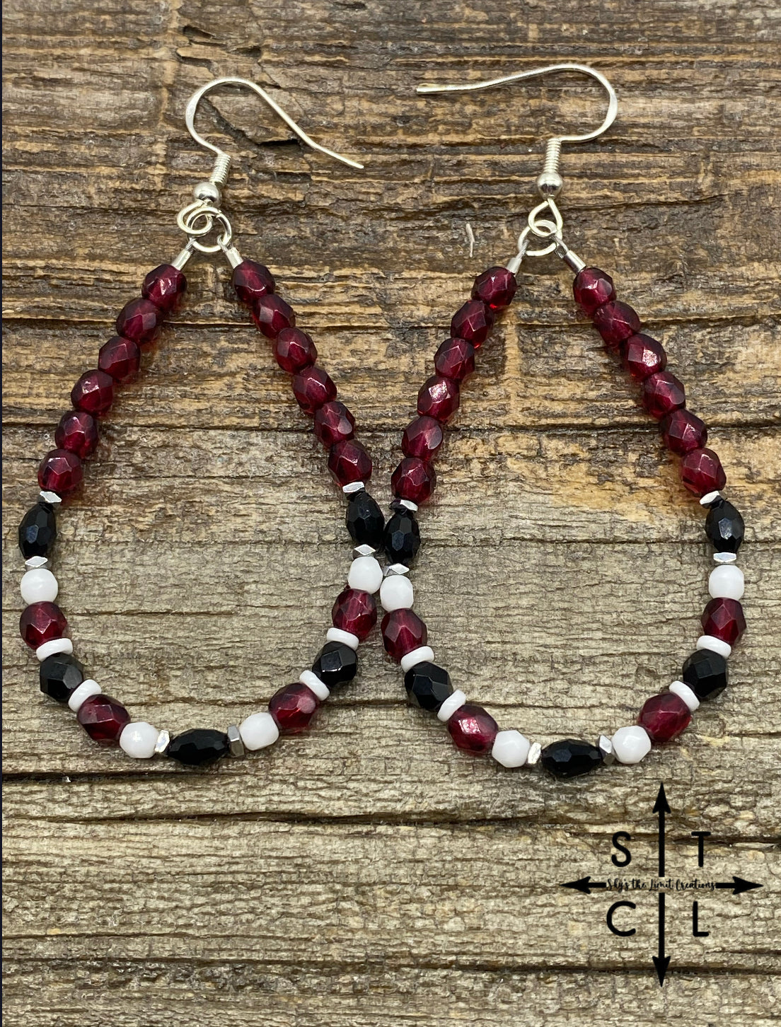 Crystal Teardrop Maroon White Black Earrings