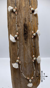 Long Necklace Pink White Grey Beaded Tassels