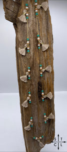 Long Necklace Turquoise White Tan Wood Tassels