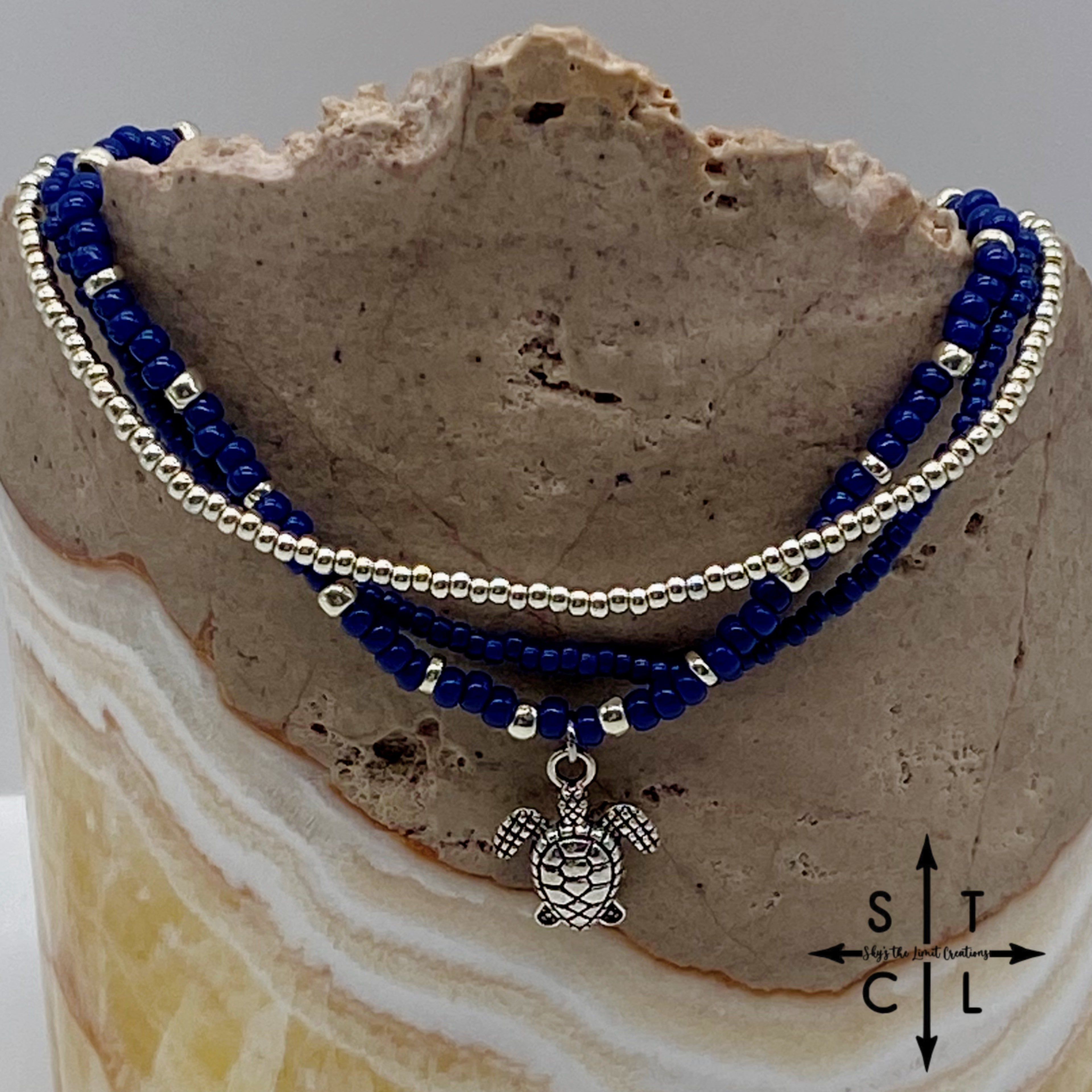 Navy Blue Silver Stretchy Anklet