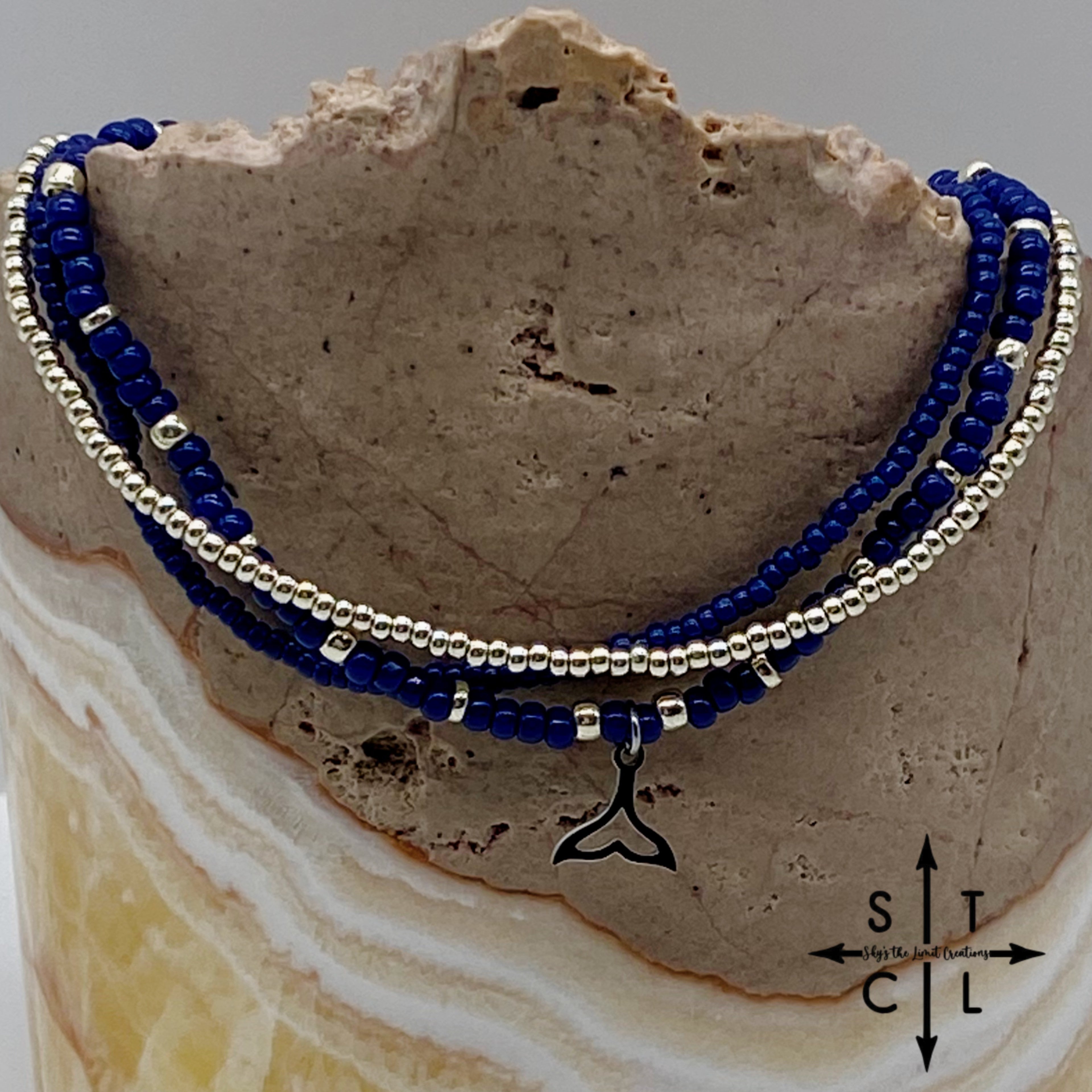 Navy Blue Silver Stretchy Anklet