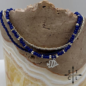 Navy Blue Silver Stretchy Anklet