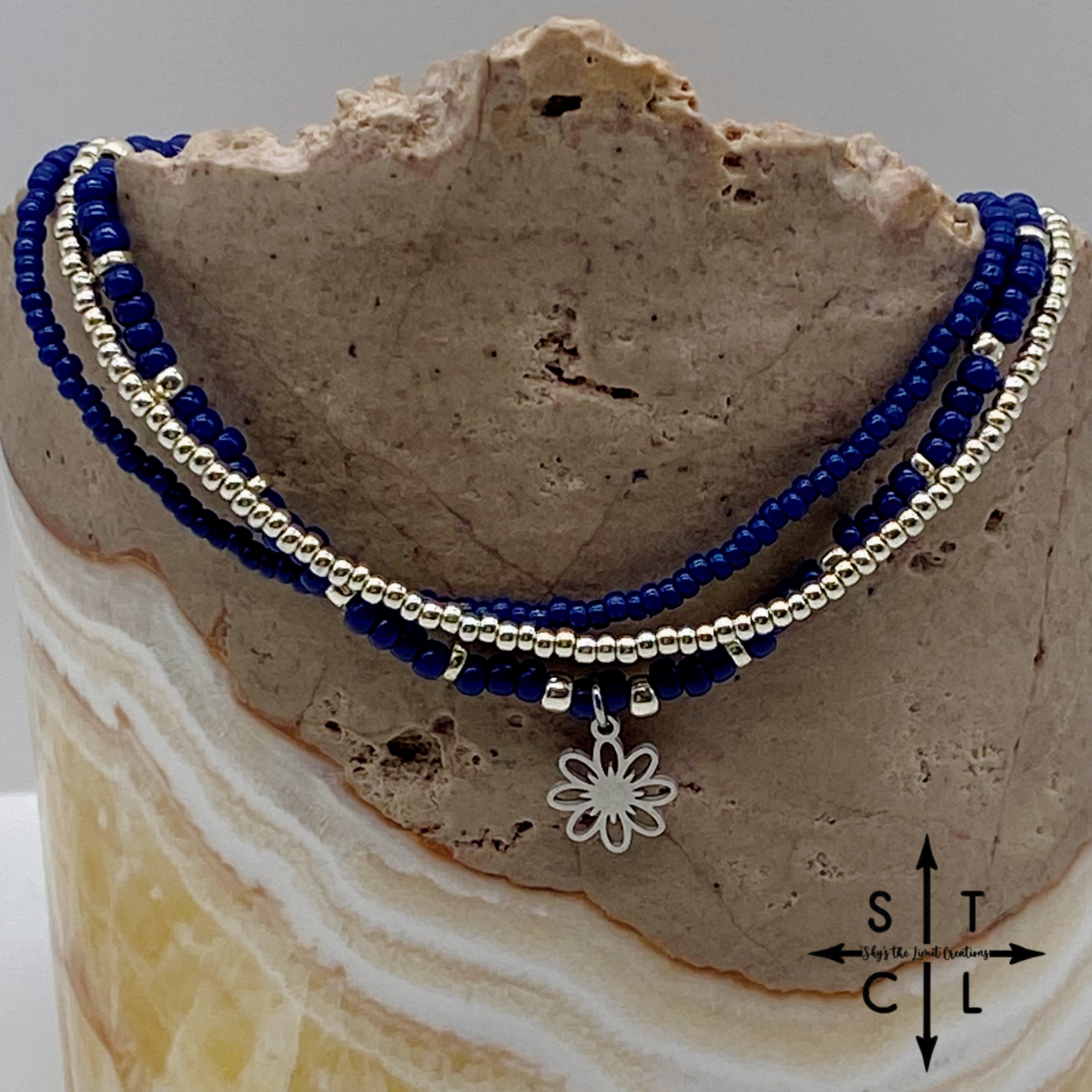 Navy Blue Silver Stretchy Anklet