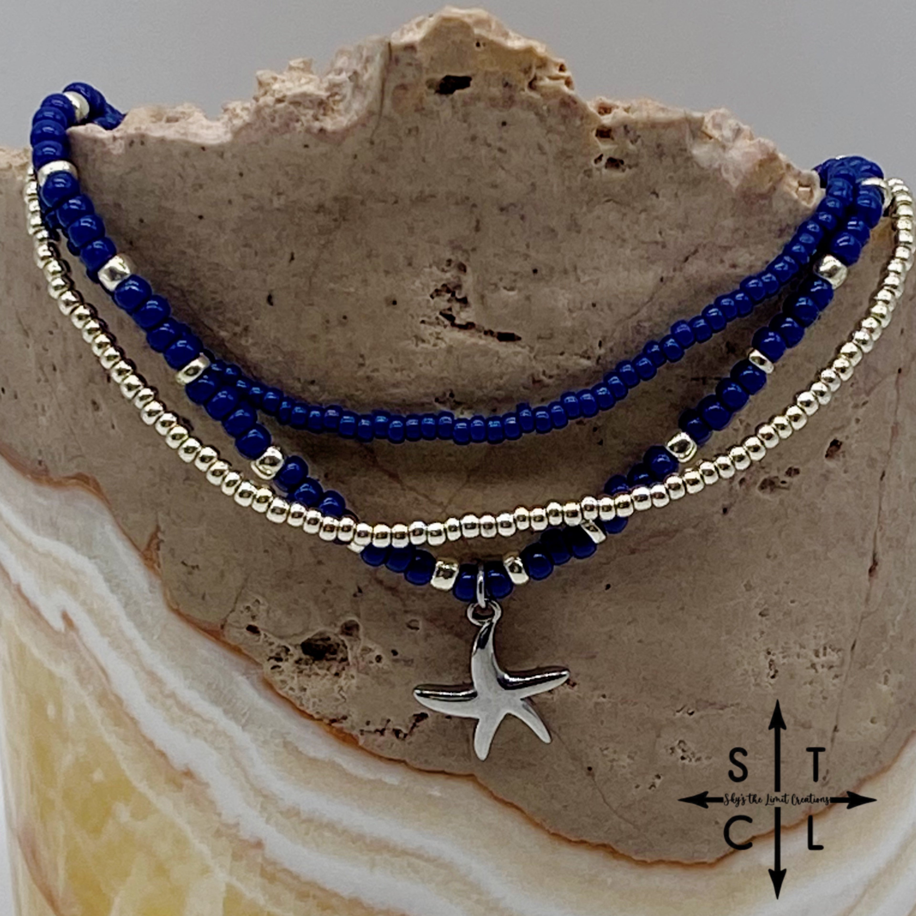 Navy Blue Silver Stretchy Anklet