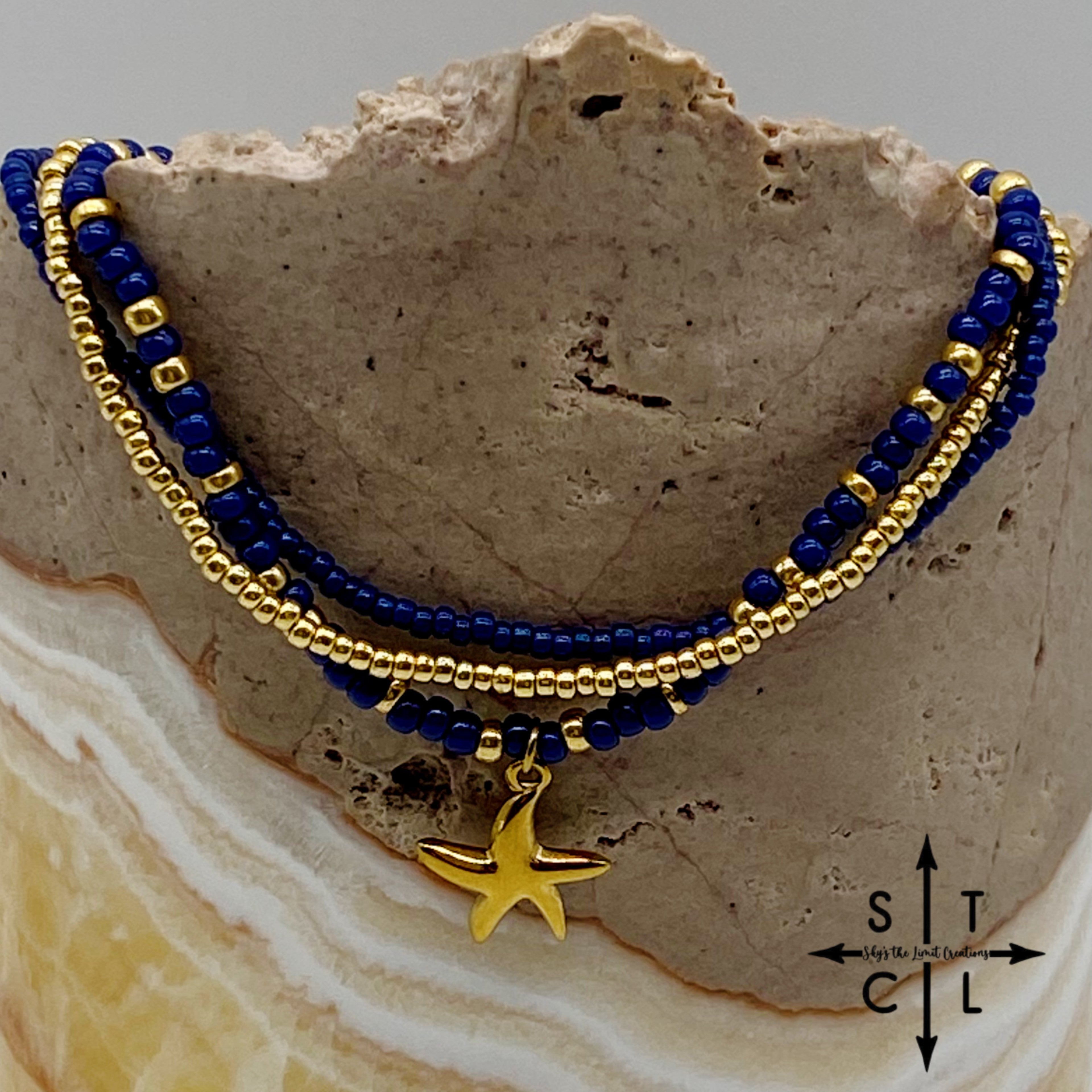 Navy Blue Gold Stretchy Anklet