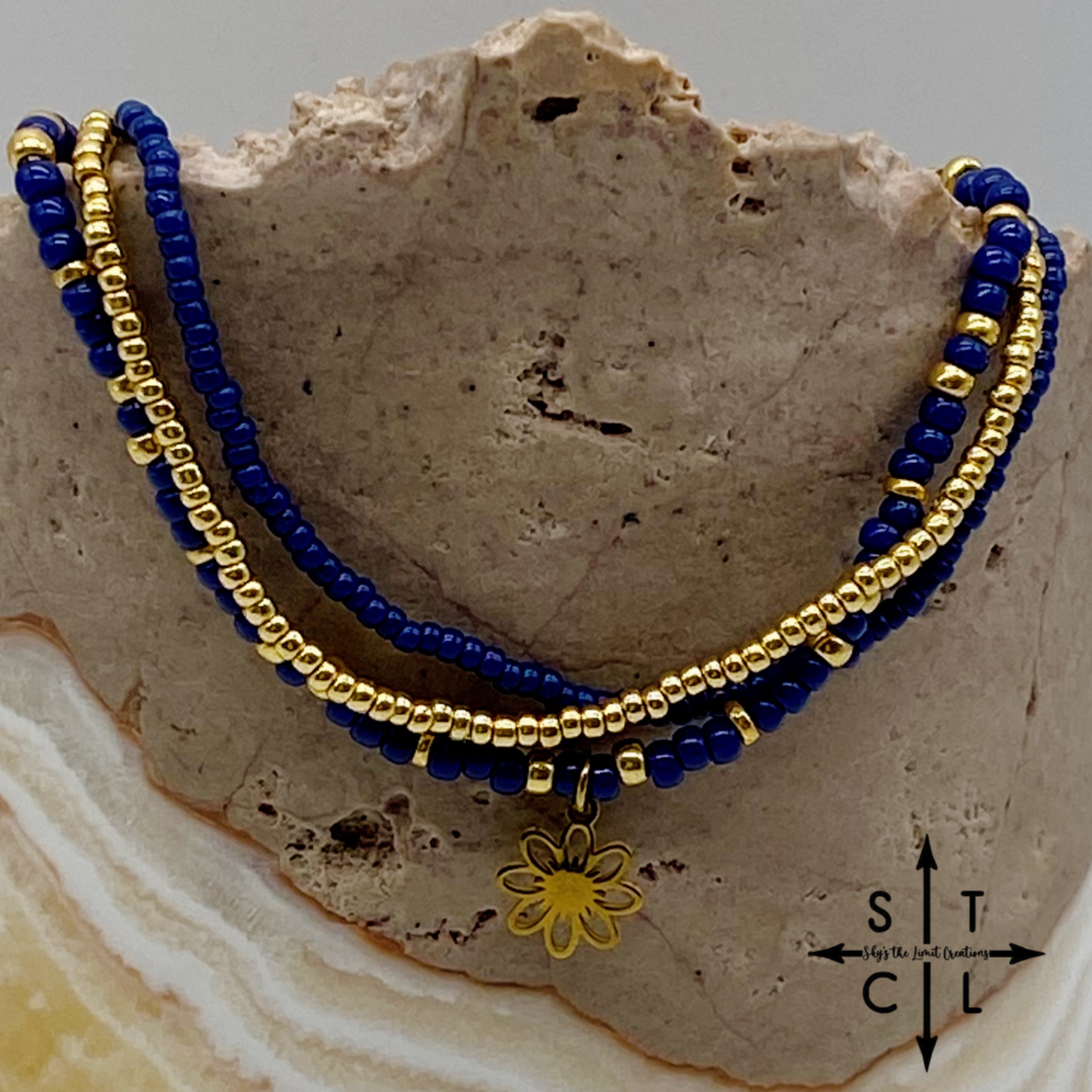 Navy Blue Gold Stretchy Anklet