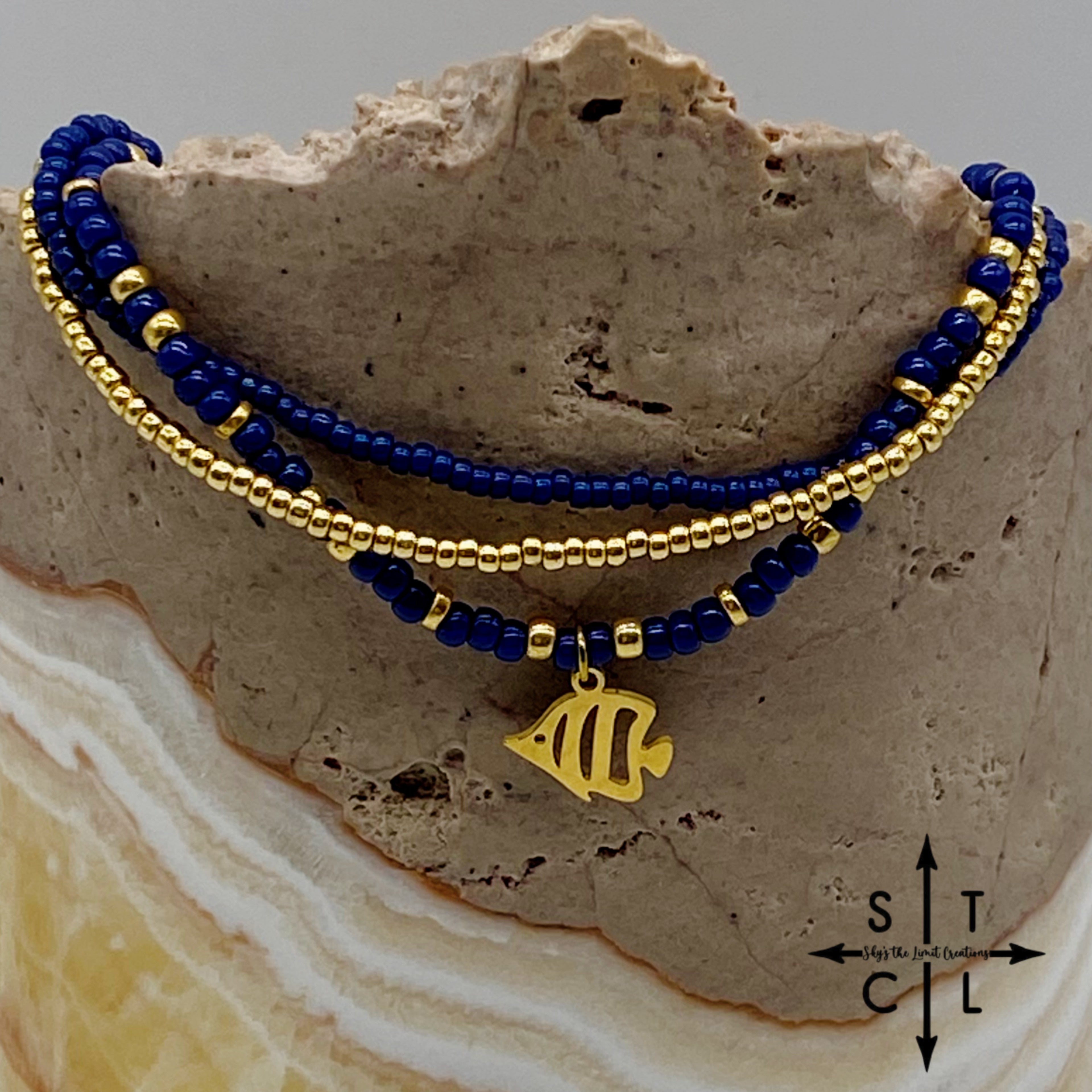 Navy Blue Gold Stretchy Anklet