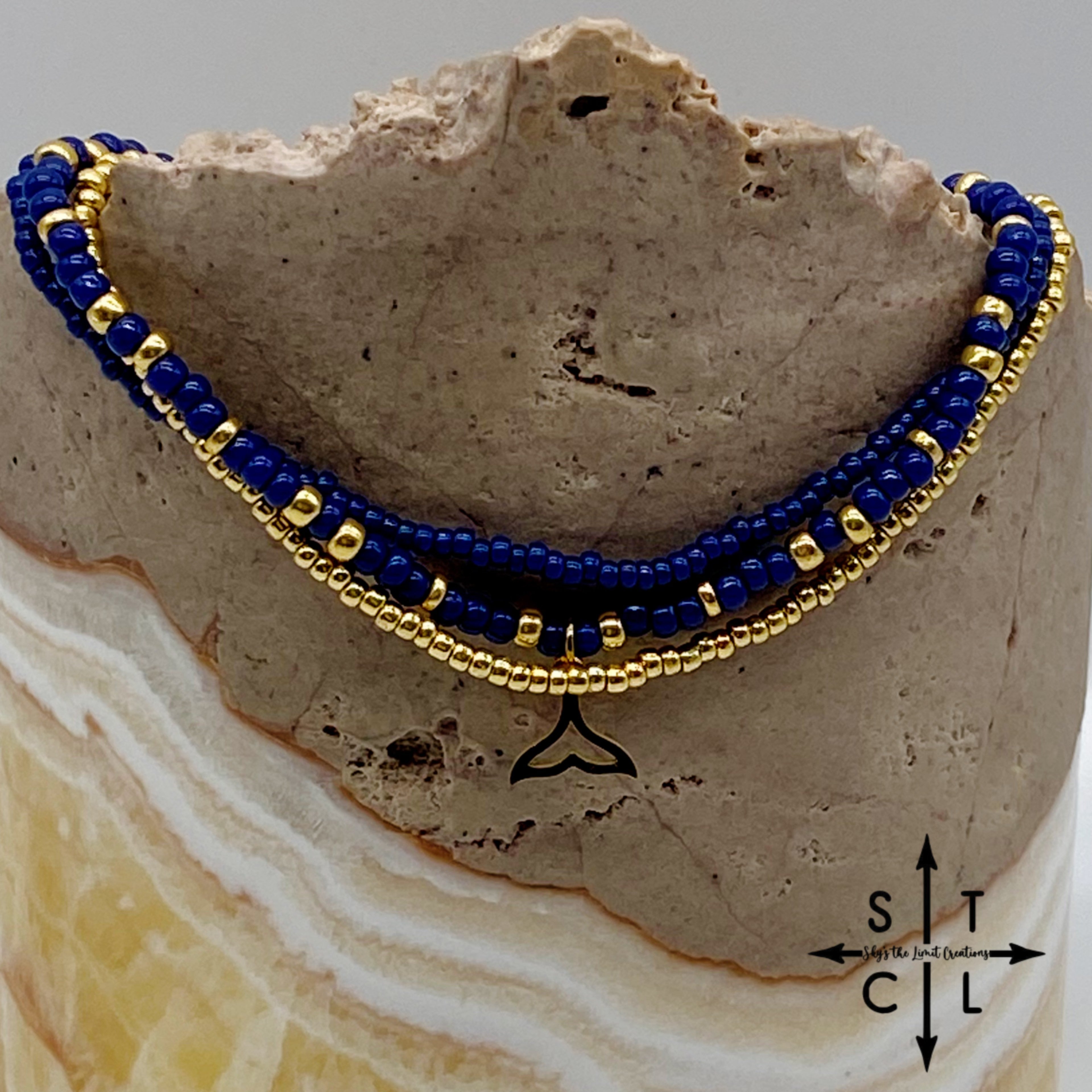 Navy Blue Gold Stretchy Anklet