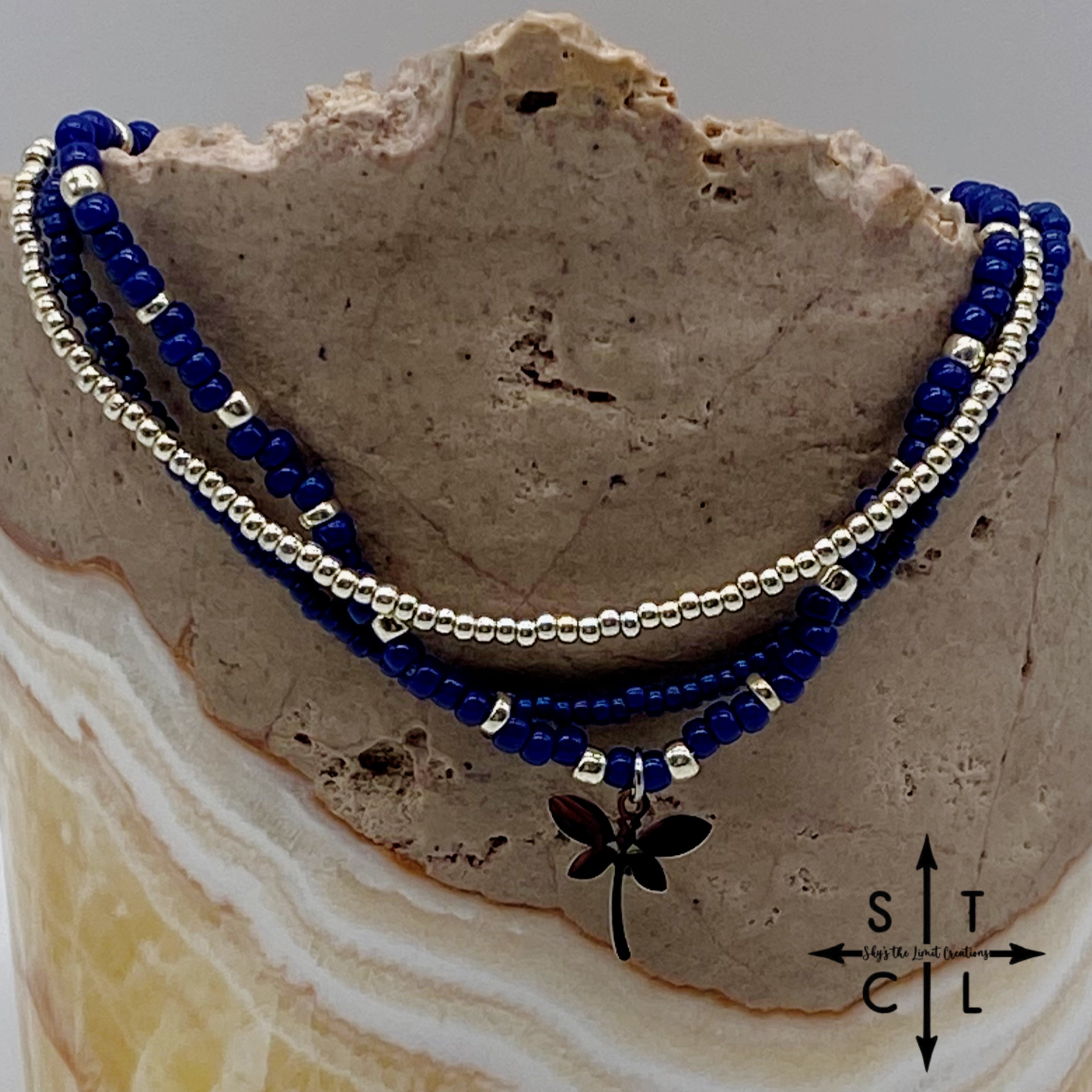 Navy Blue Silver Stretchy Anklet
