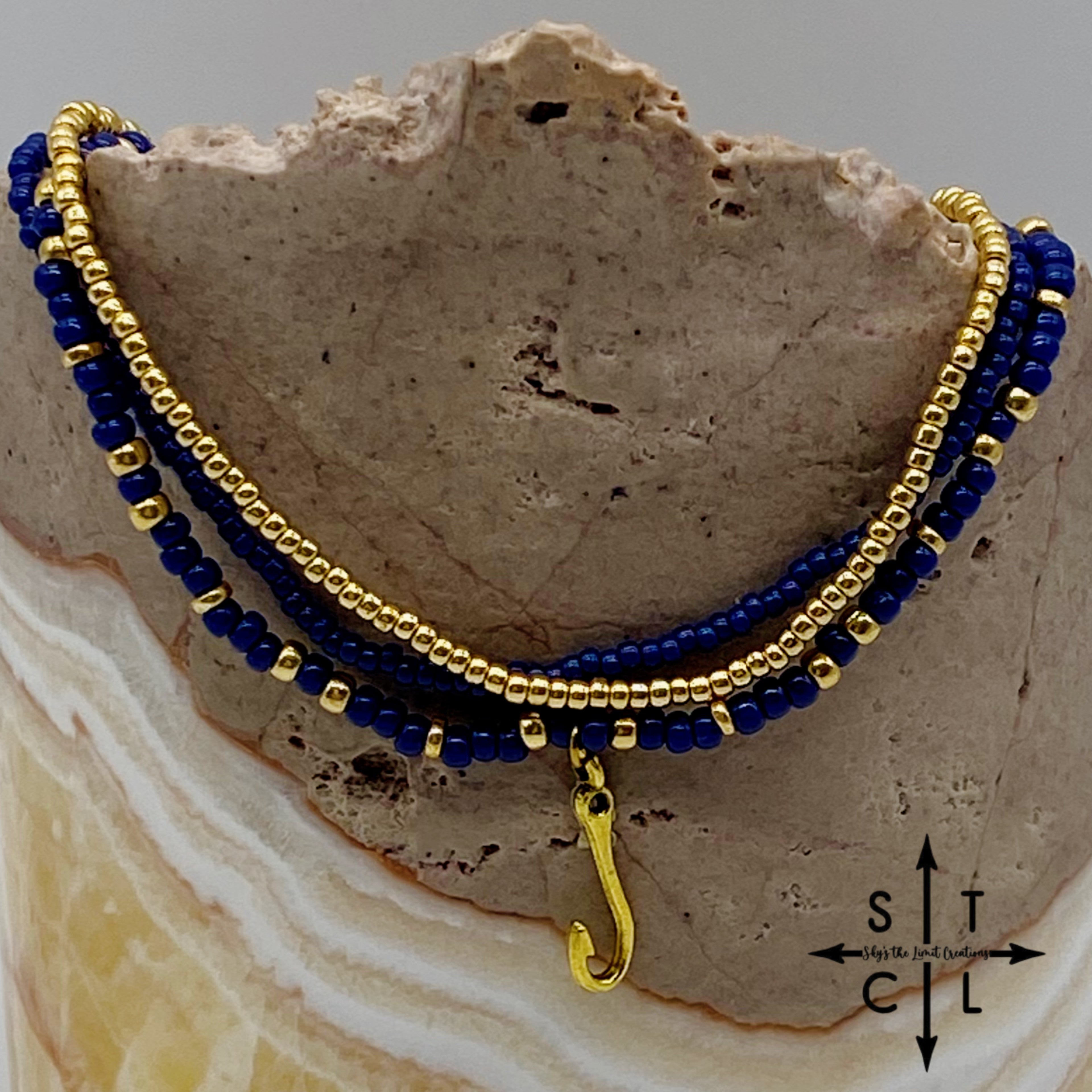 Navy Blue Gold Stretchy Anklet