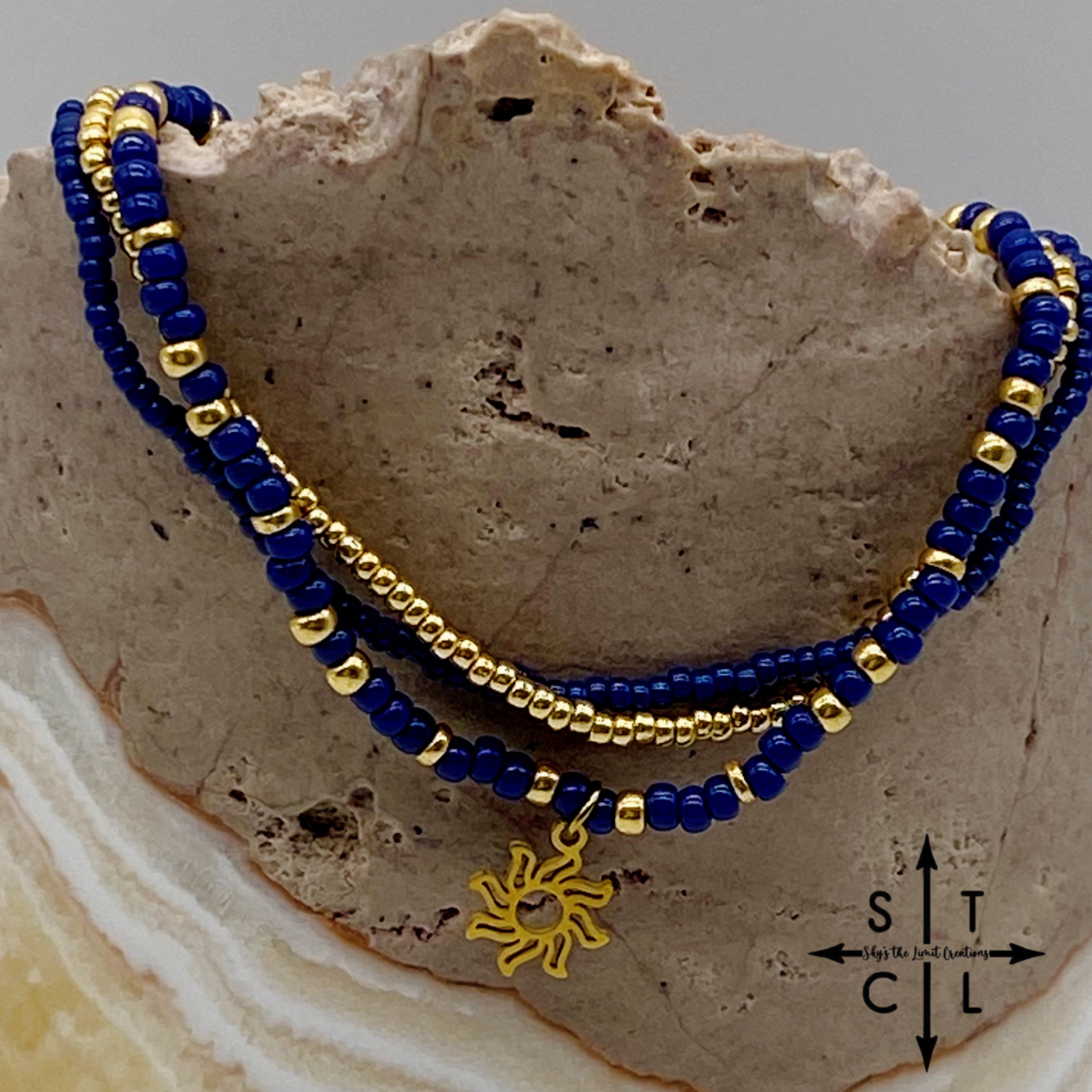 Navy Blue Gold Stretchy Anklet