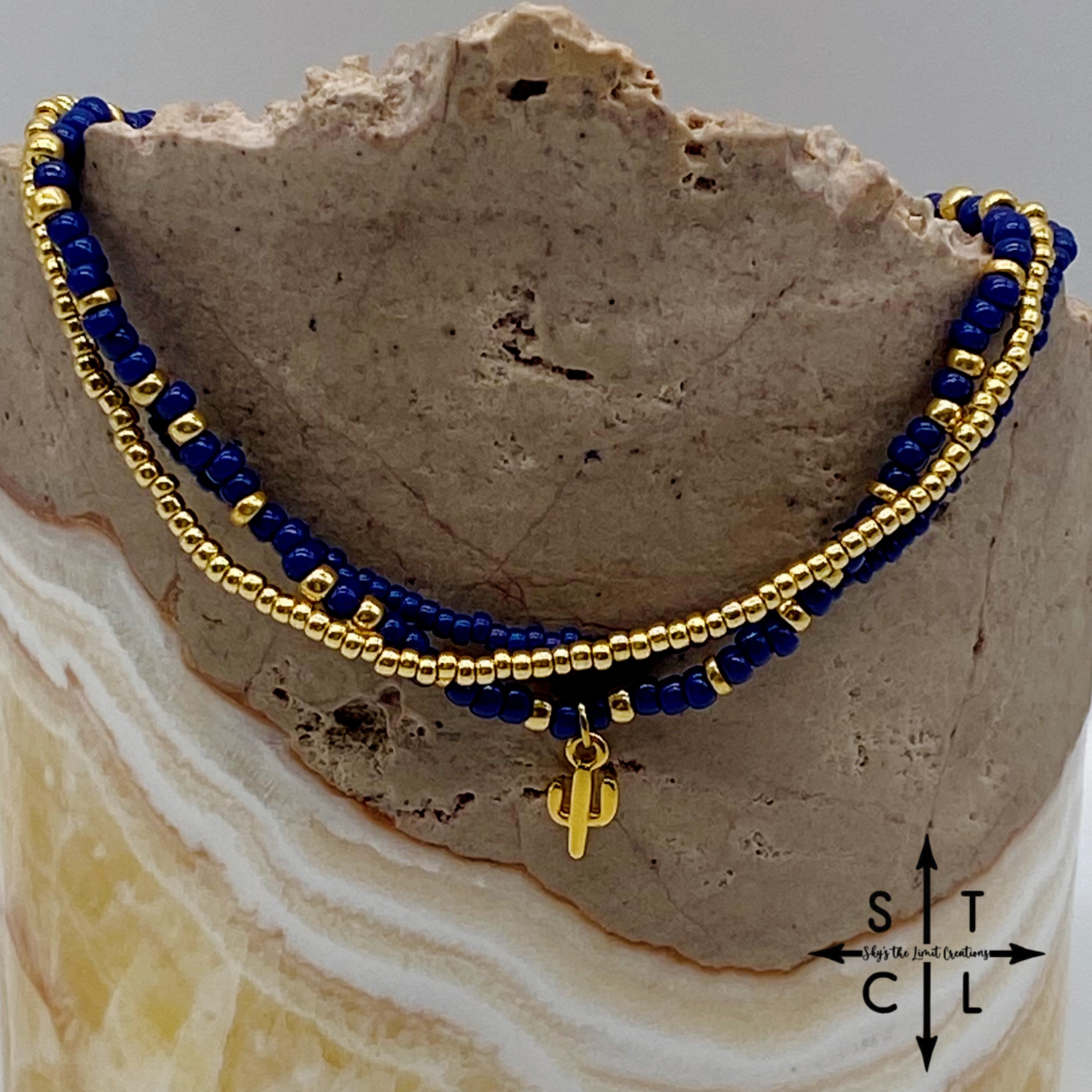 Navy Blue Gold Stretchy Anklet