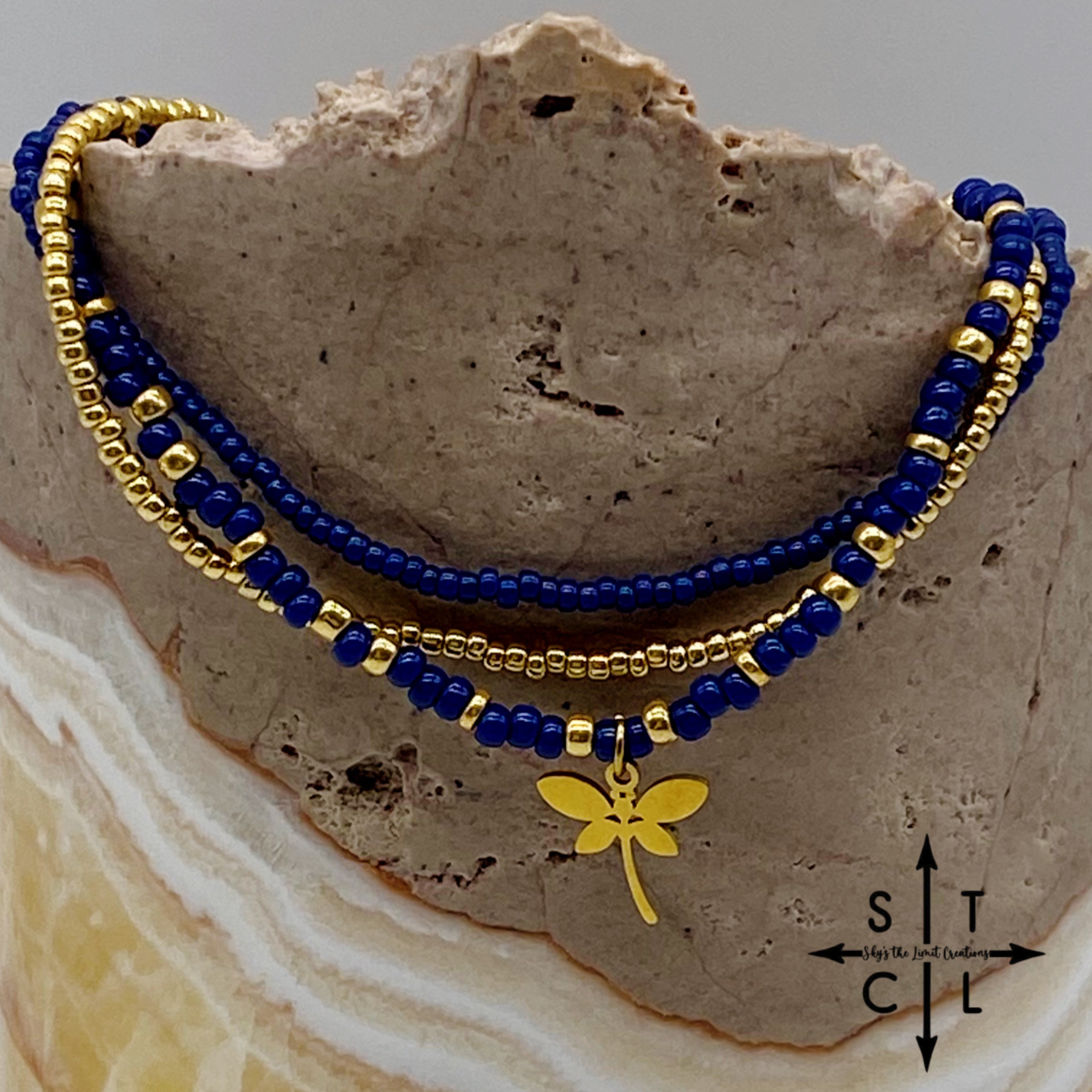 Navy Blue Gold Stretchy Anklet