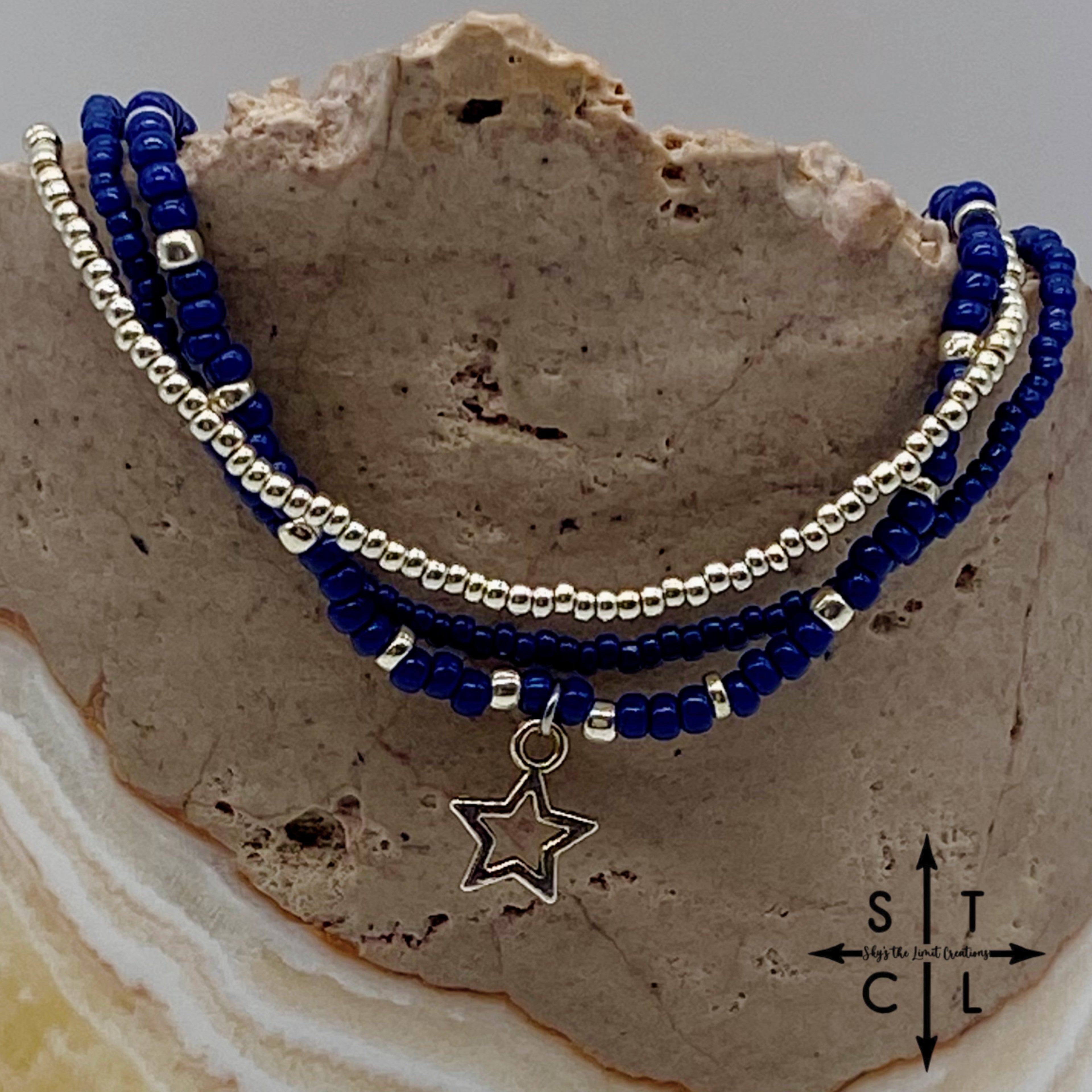Navy Blue Silver Stretchy Anklet