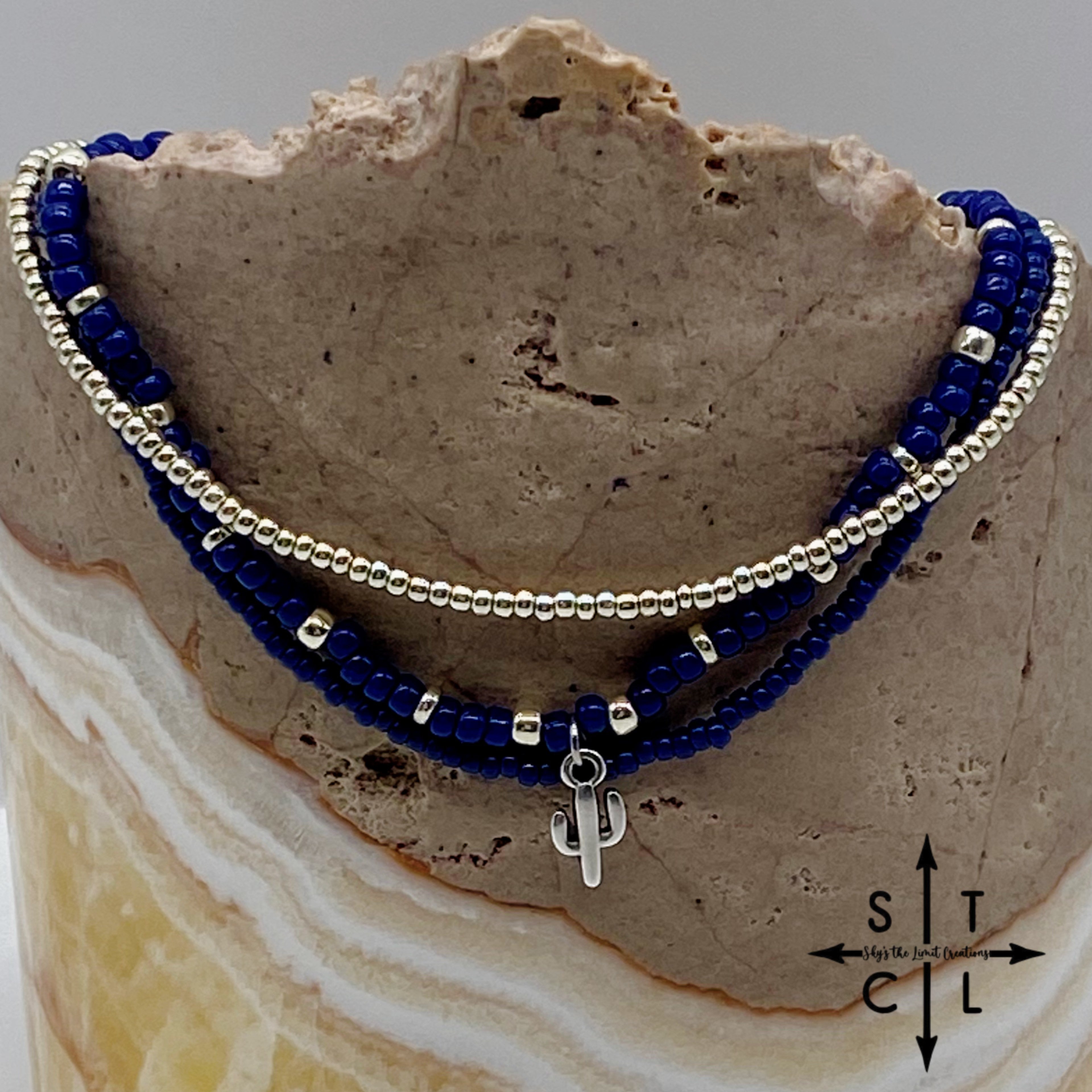 Navy Blue Silver Stretchy Anklet