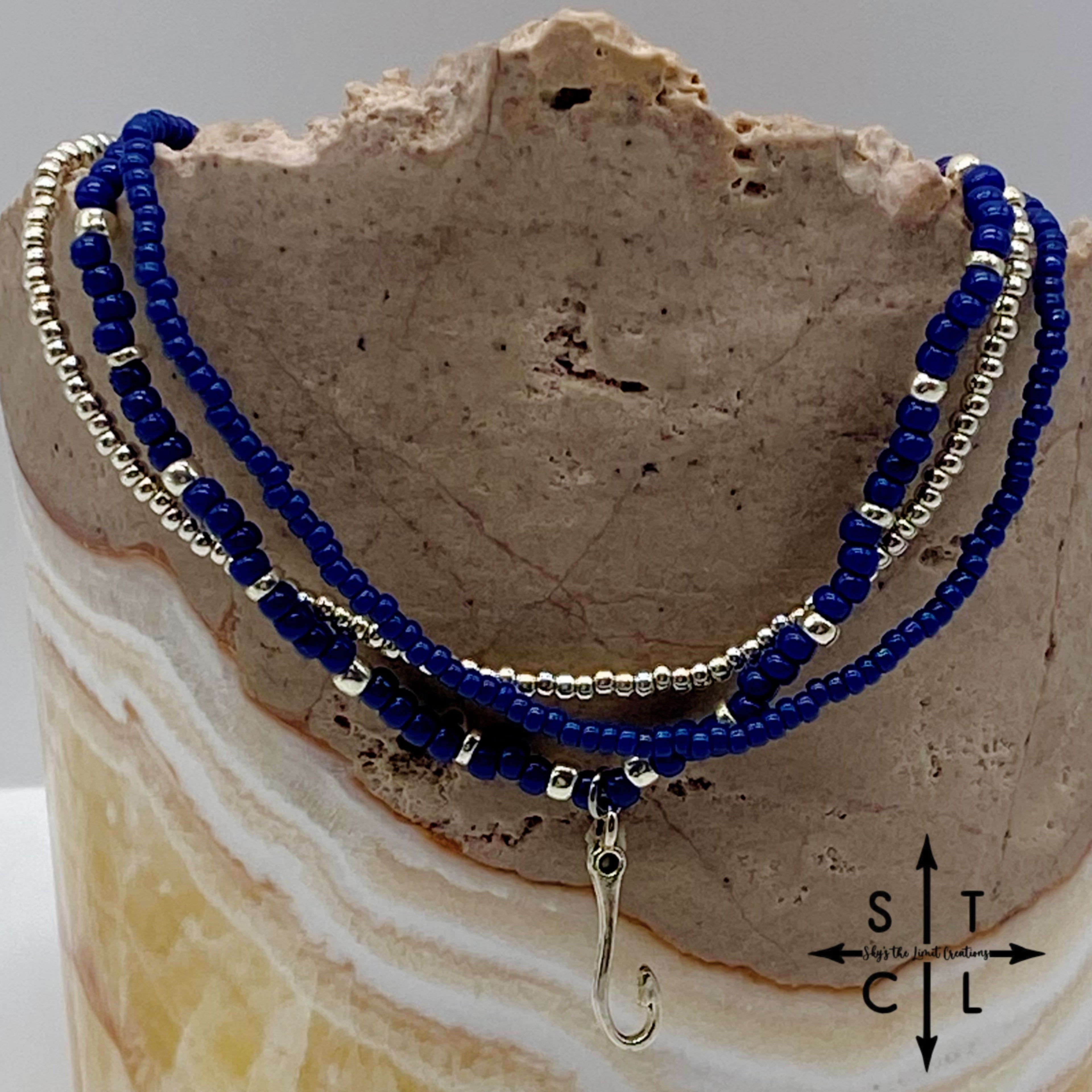 Navy Blue Silver Stretchy Anklet