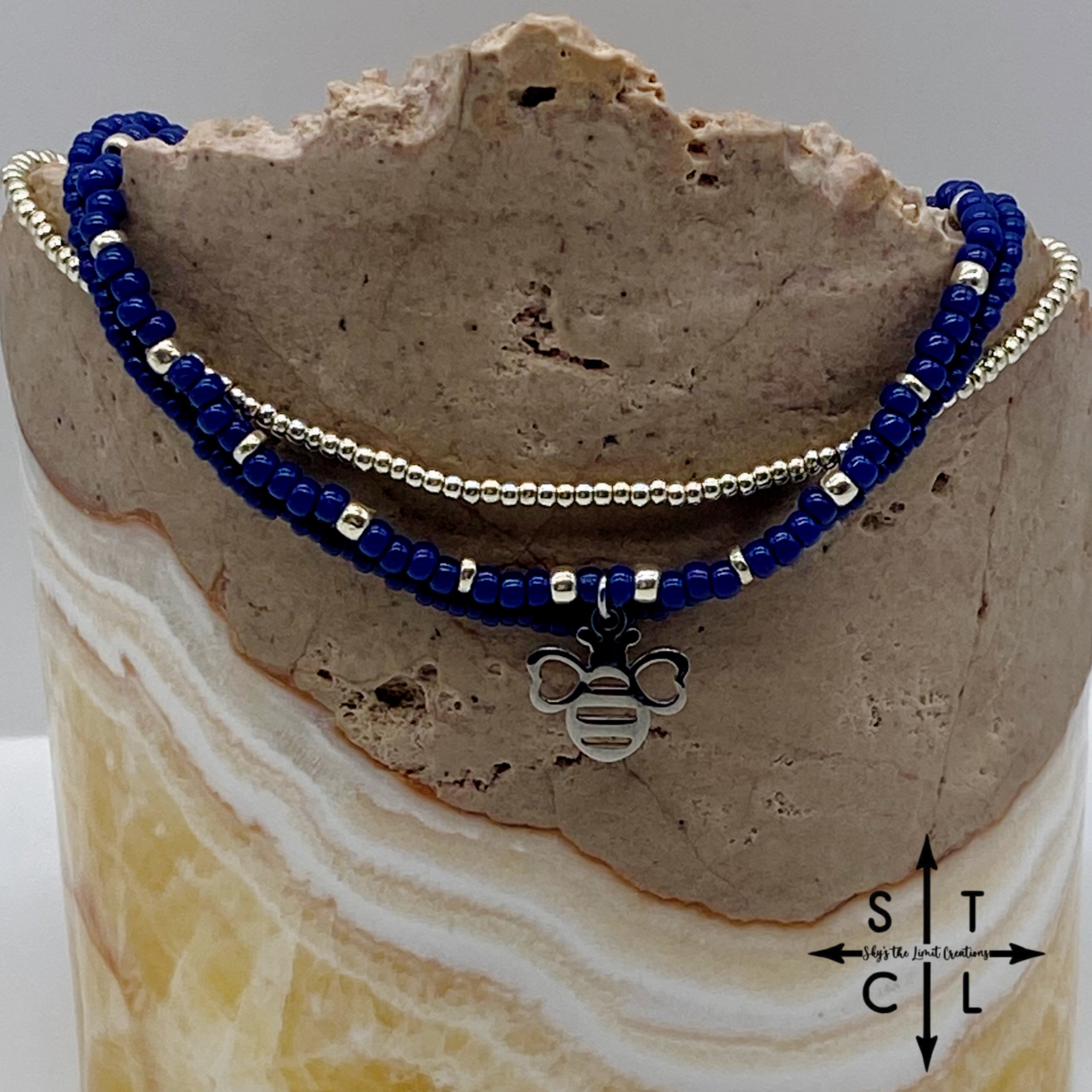 Navy Blue Silver Stretchy Anklet