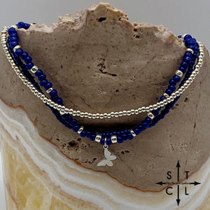 Navy Blue Silver Stretchy Anklet