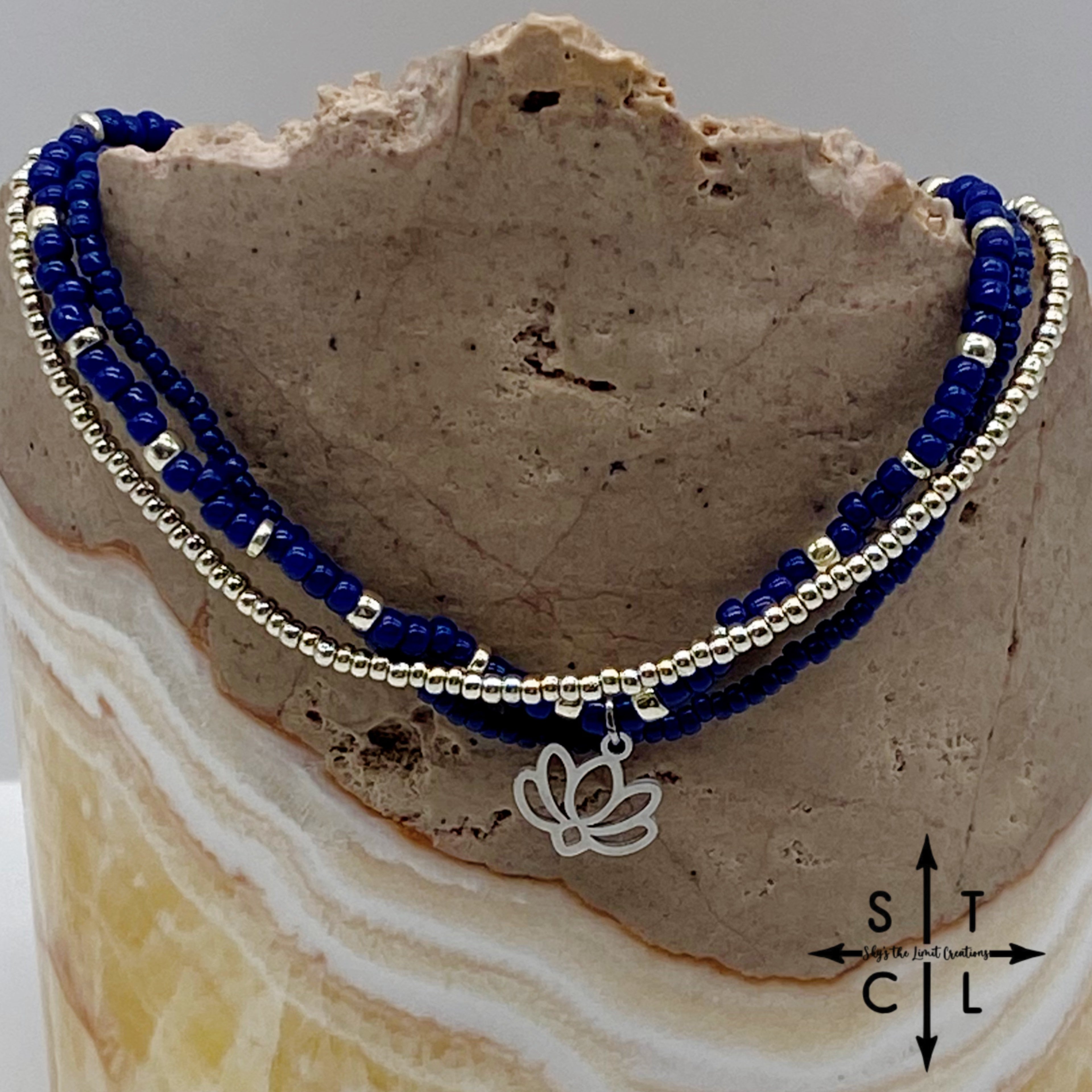 Navy Blue Silver Stretchy Anklet