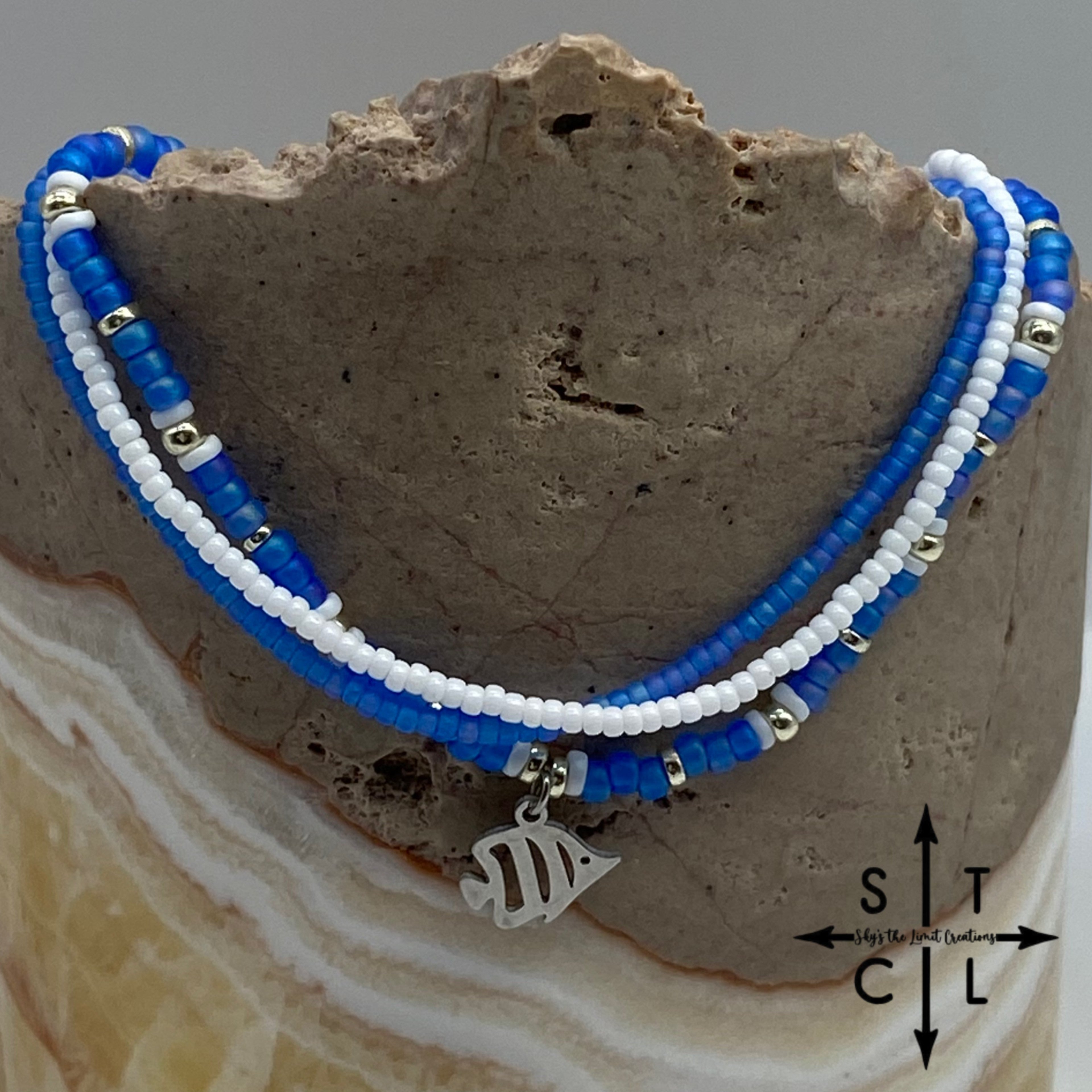 Frosted Blue White Silver Stretchy Anklet