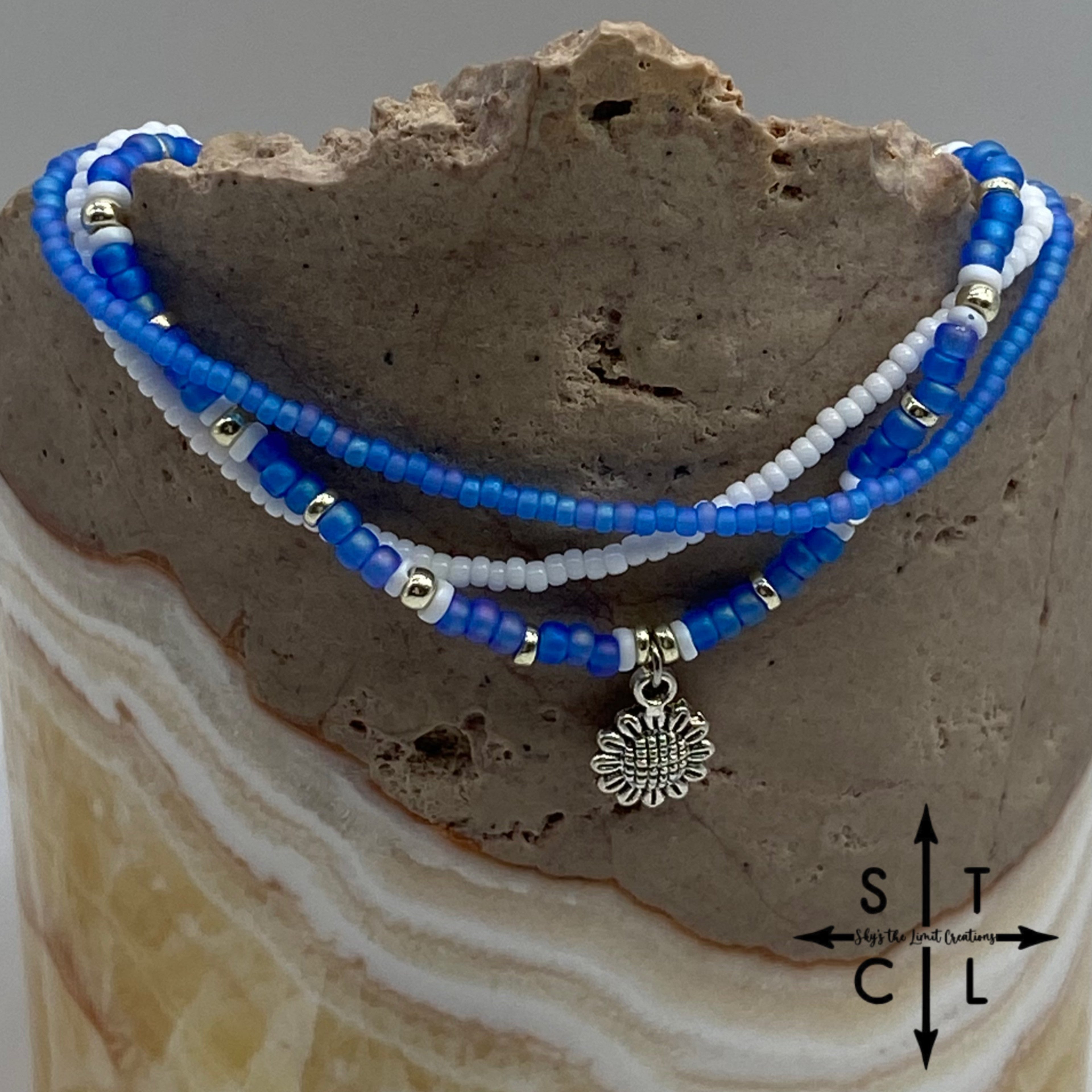 Frosted Blue White Silver Stretchy Anklet