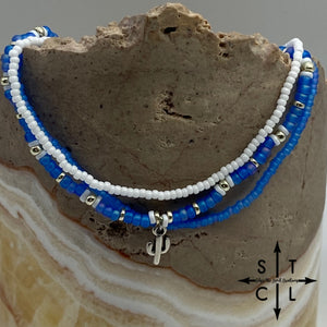Frosted Blue White Silver Stretchy Anklet