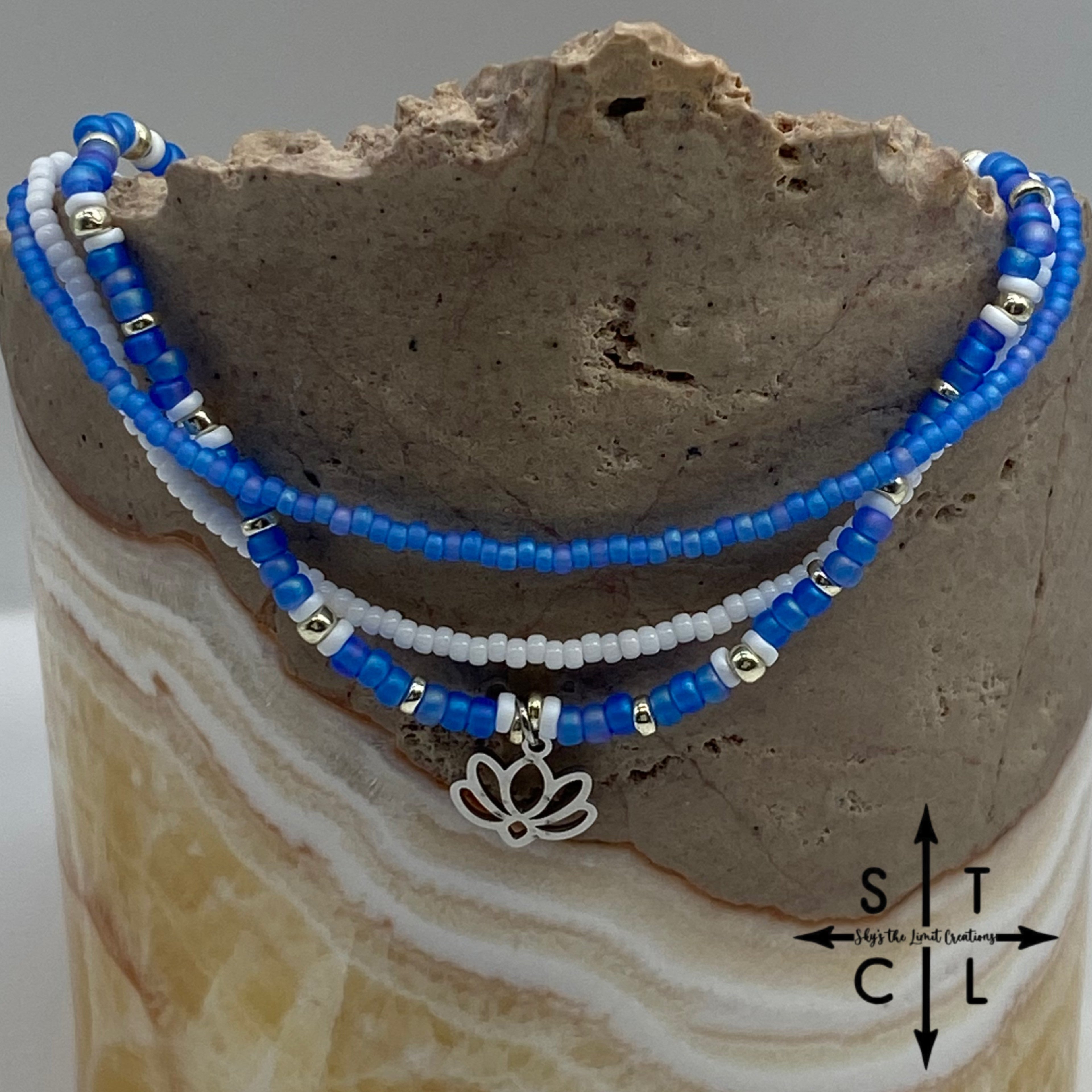 Frosted Blue White Silver Stretchy Anklet