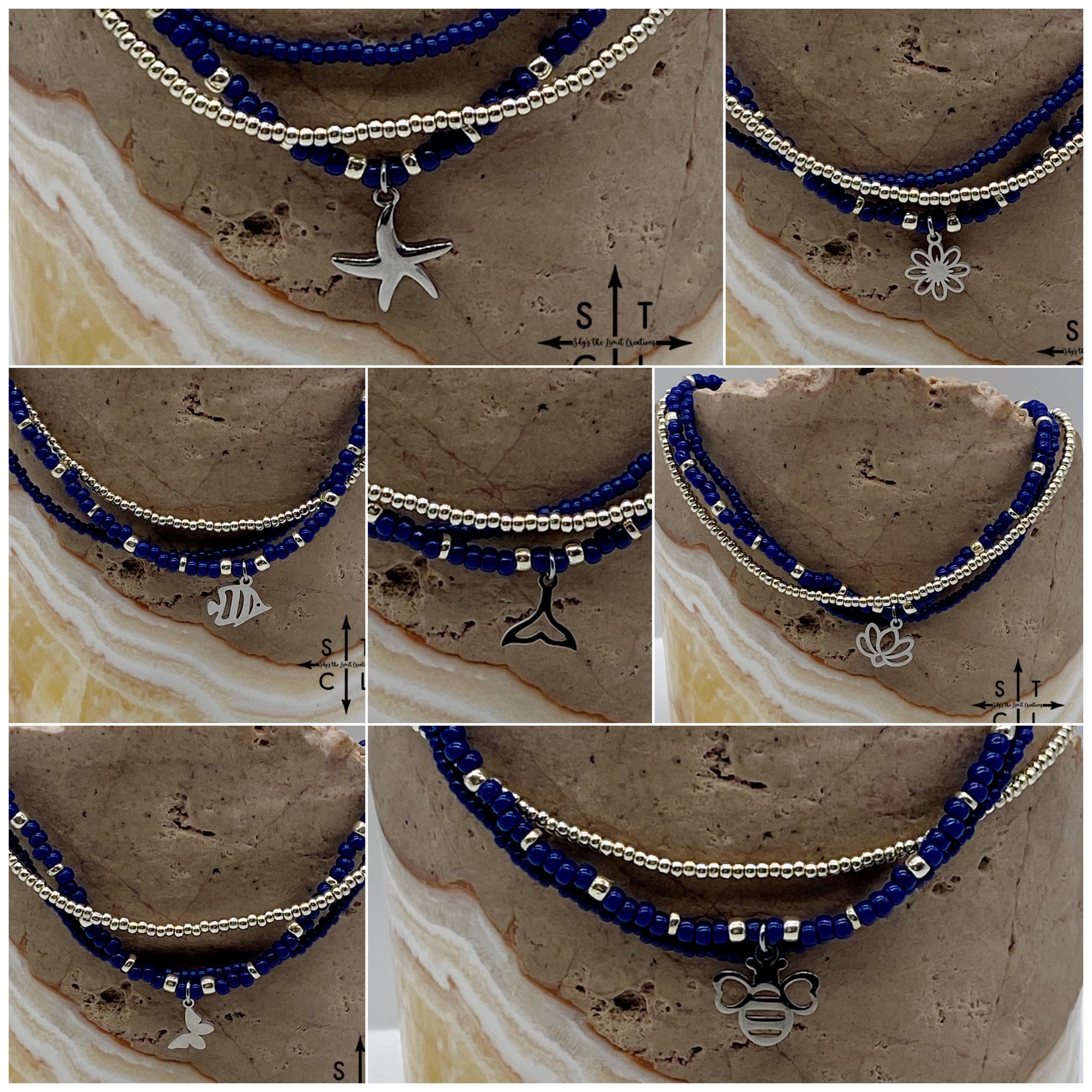Navy Blue Silver Stretchy Anklet