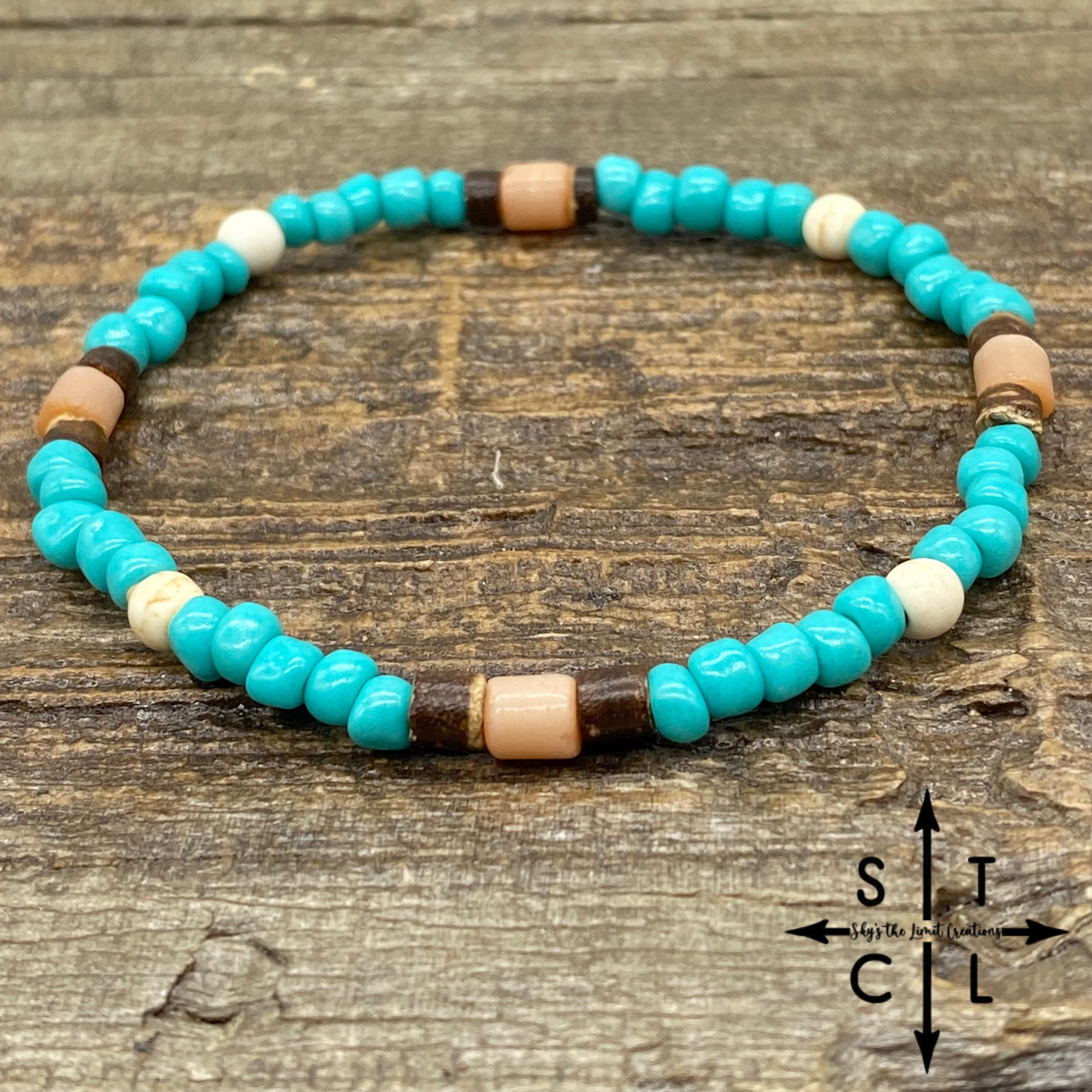 Stretch Bracelet Turquoise Peach Cats Eye Turquoise Wood Bone