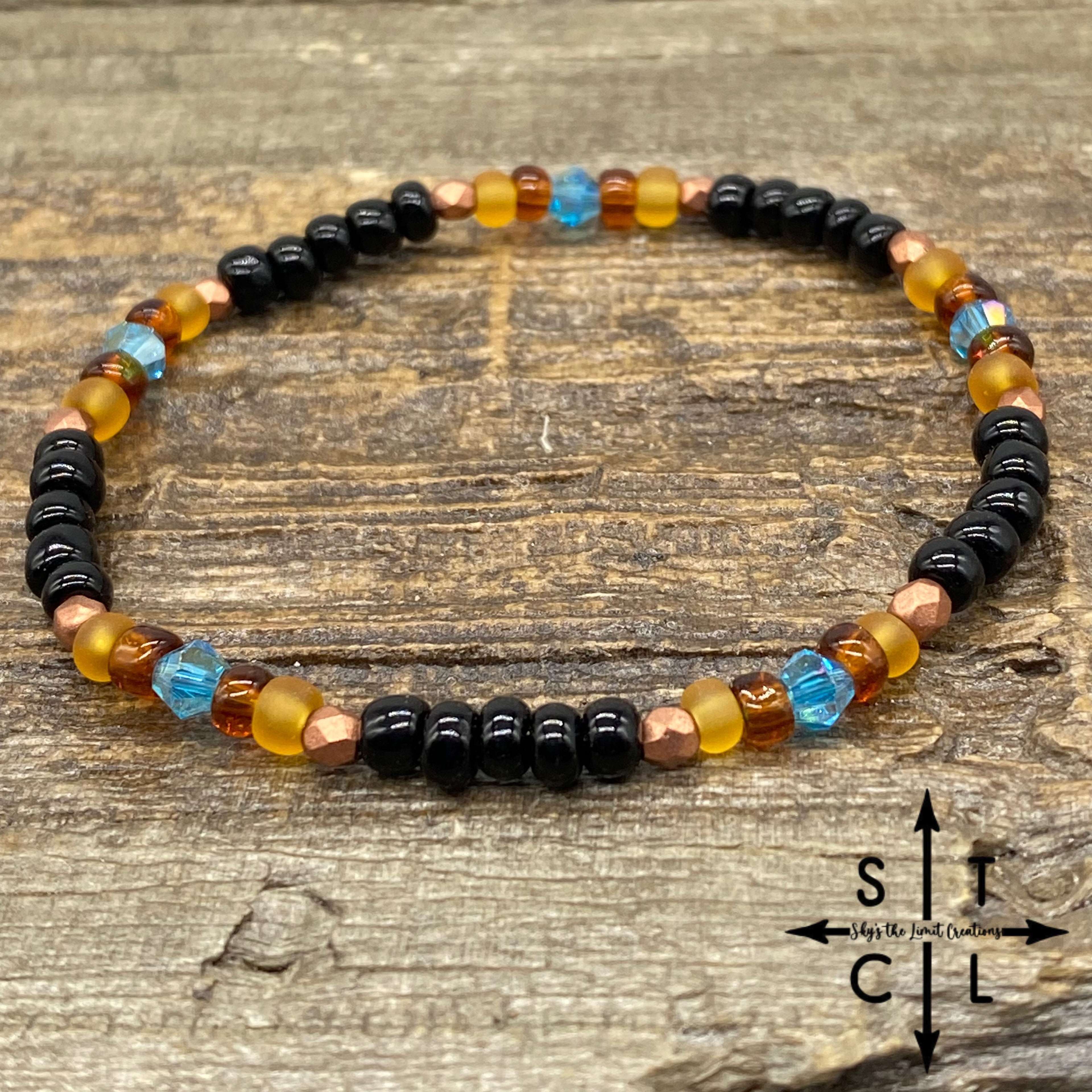 Stretch Bracelet Black Orange Turquoise Copper