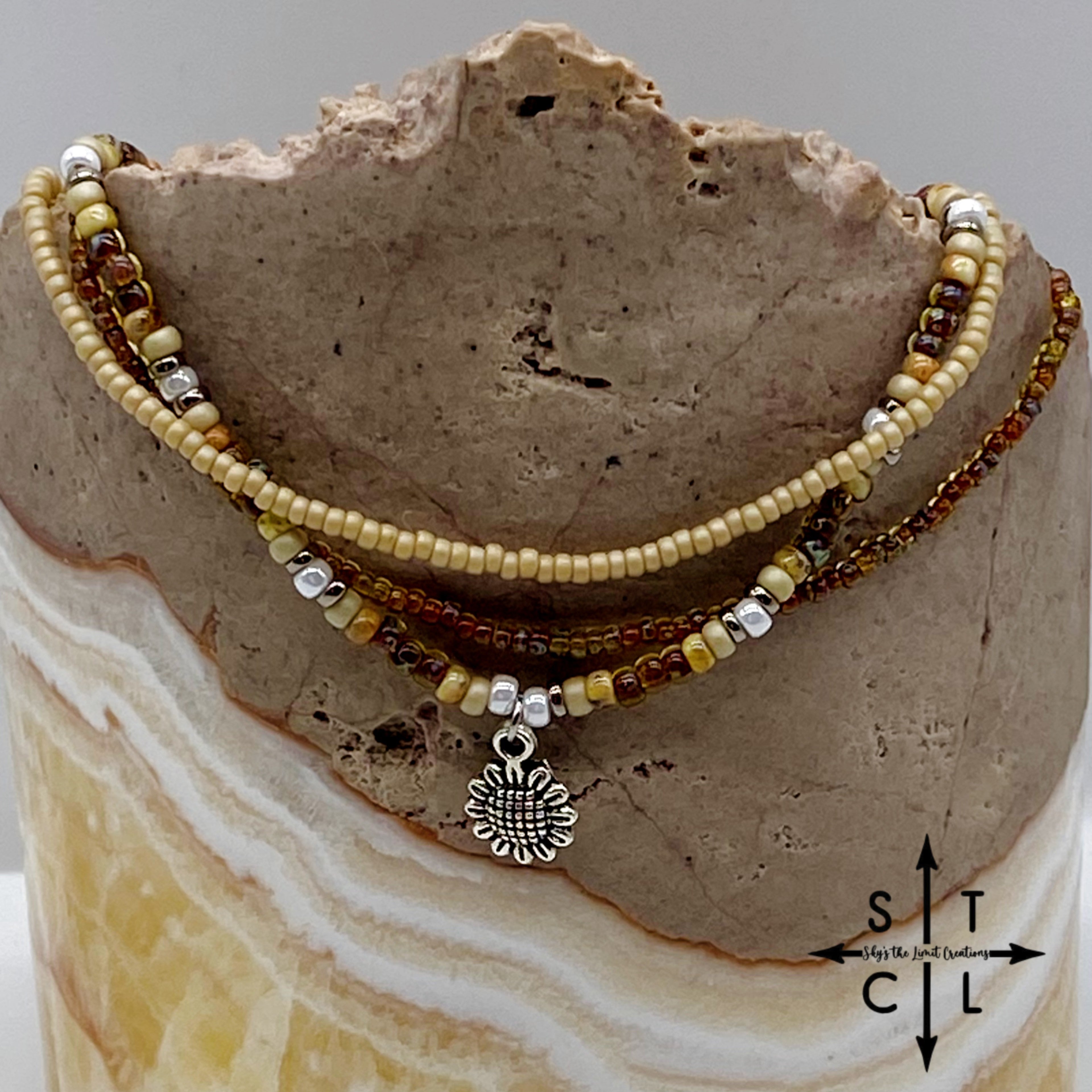 Tan Picasso Brown Pearl White Silver Stretchy Anklet