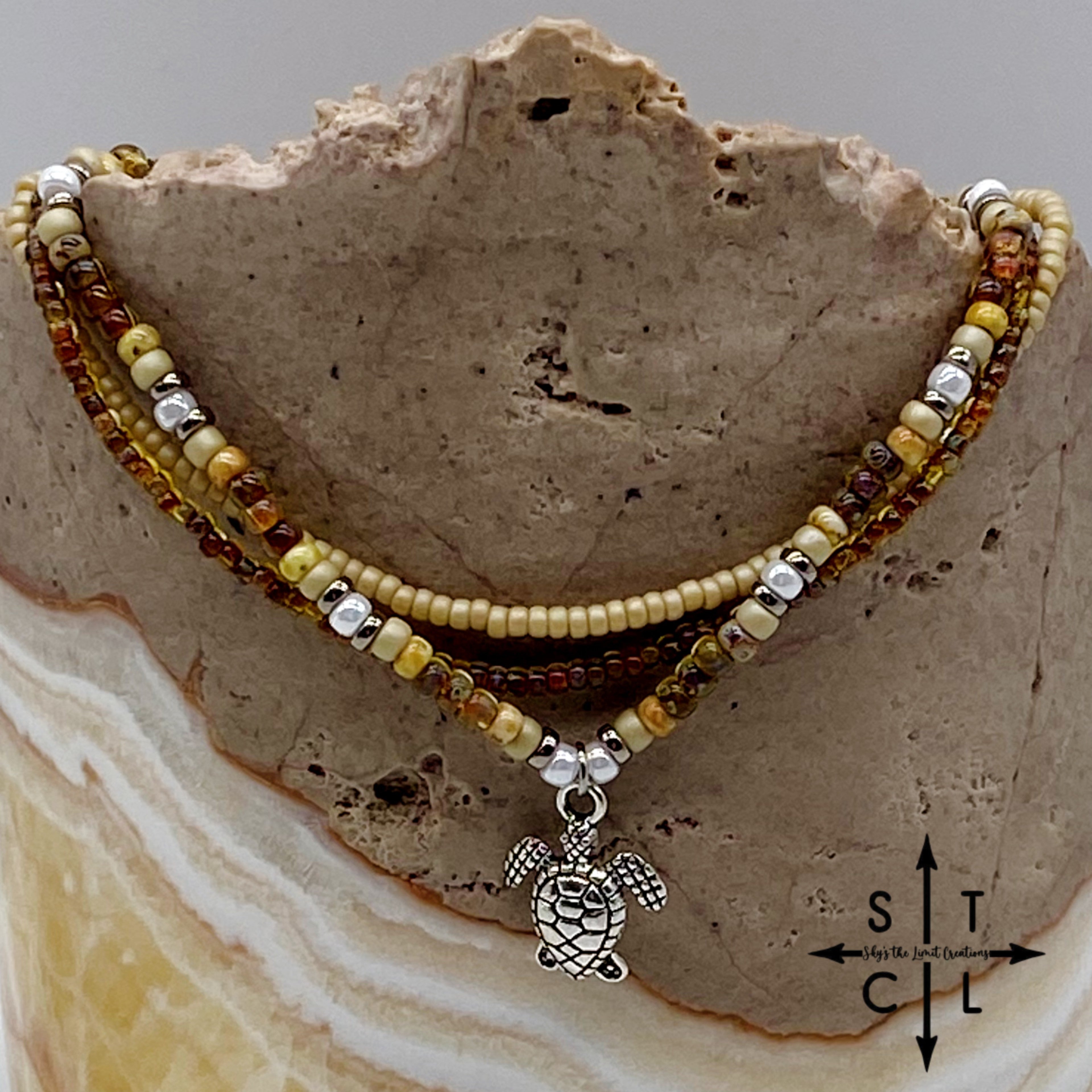 Tan Picasso Brown Pearl White Silver Stretchy Anklet